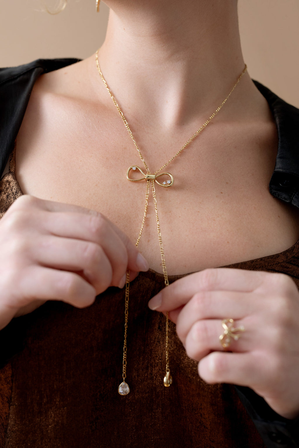 Coquette Bow Necklace with Clear Crystals in Gold