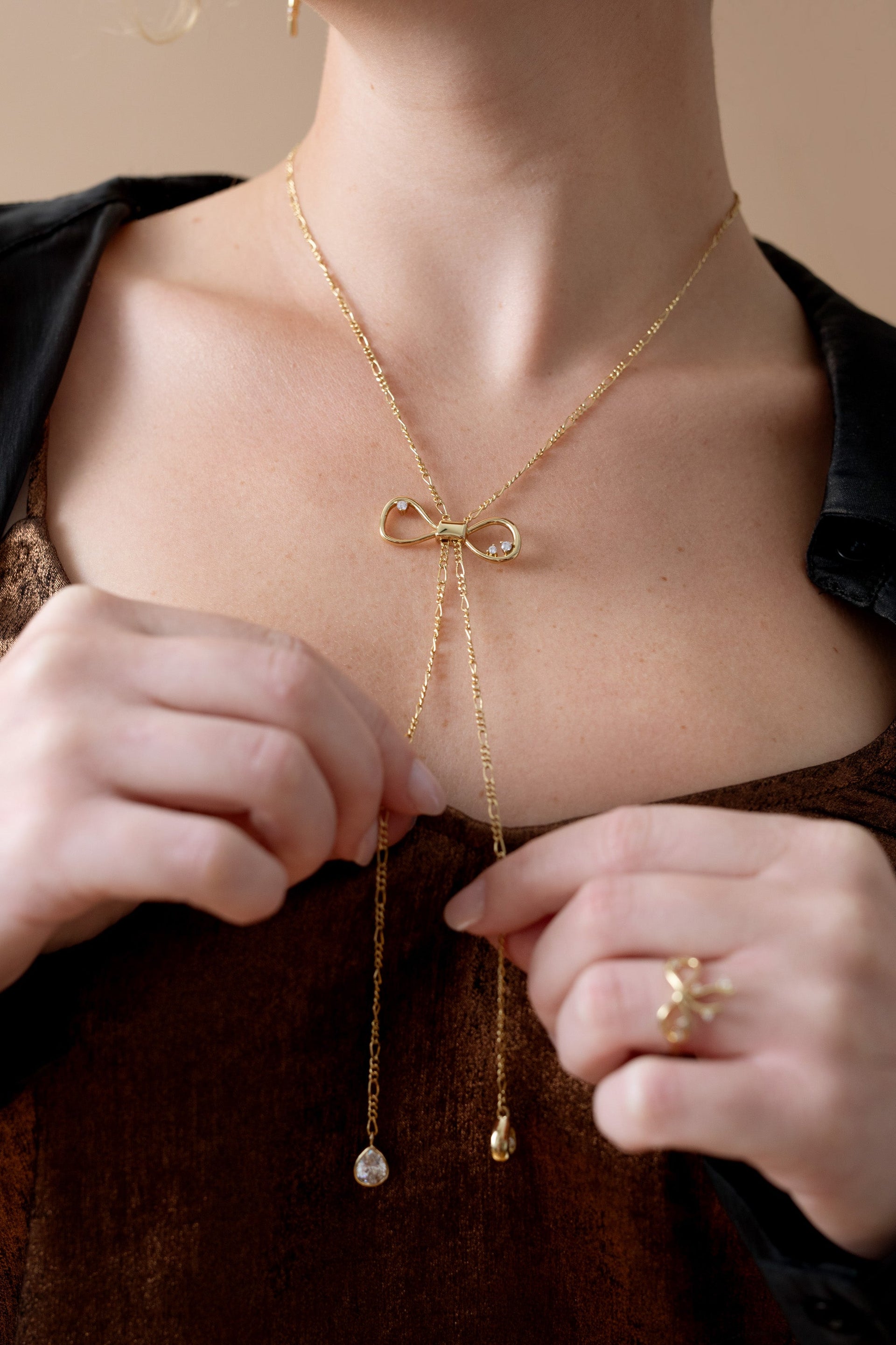 Coquette Bow Necklace with Clear Crystals in Gold