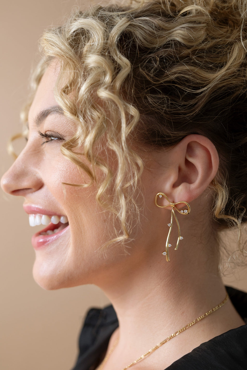 Coquette Bow Earrings with Crystal Accents in Bright Polished Gold