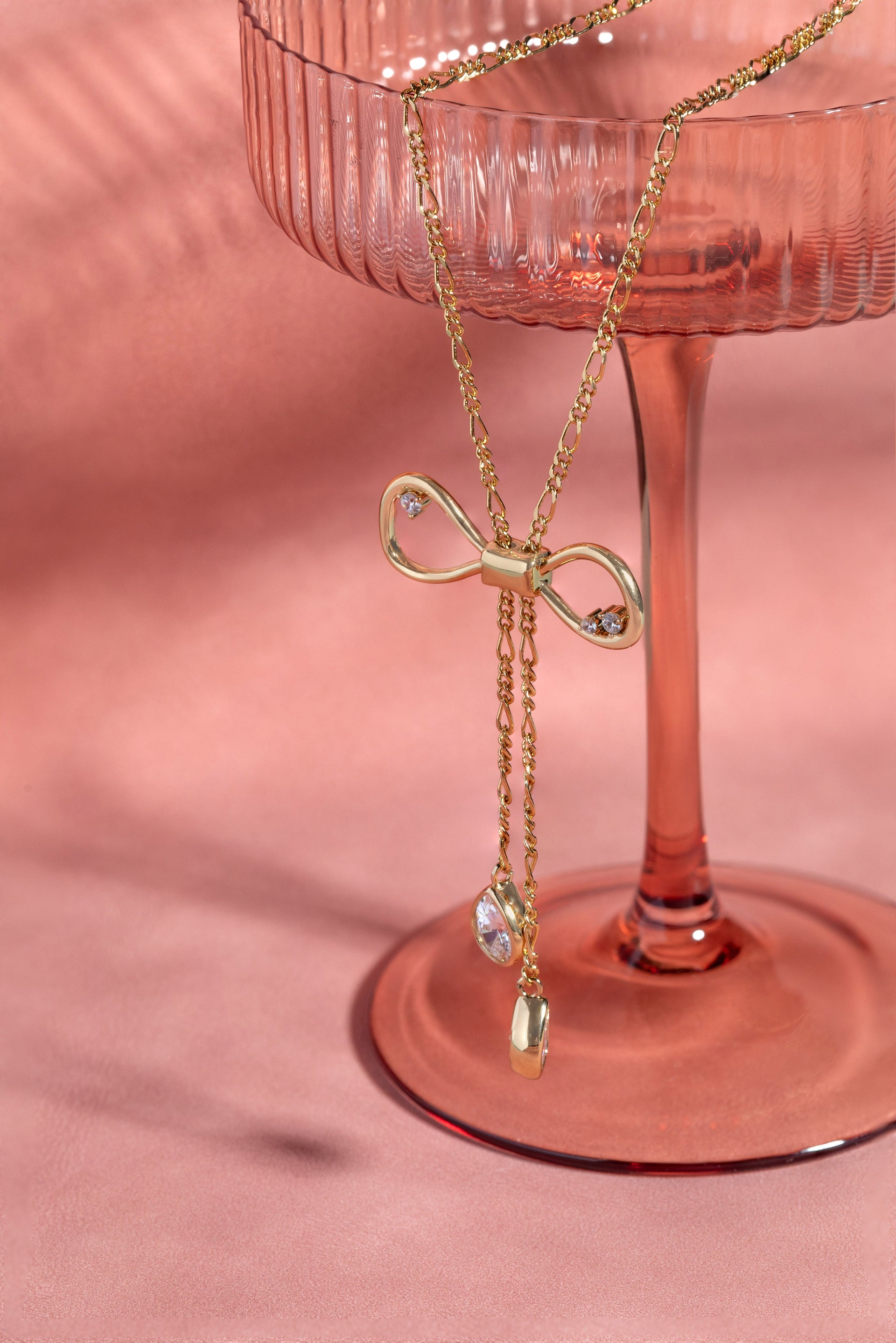 Coquette Bow Necklace with Clear Crystals in Gold