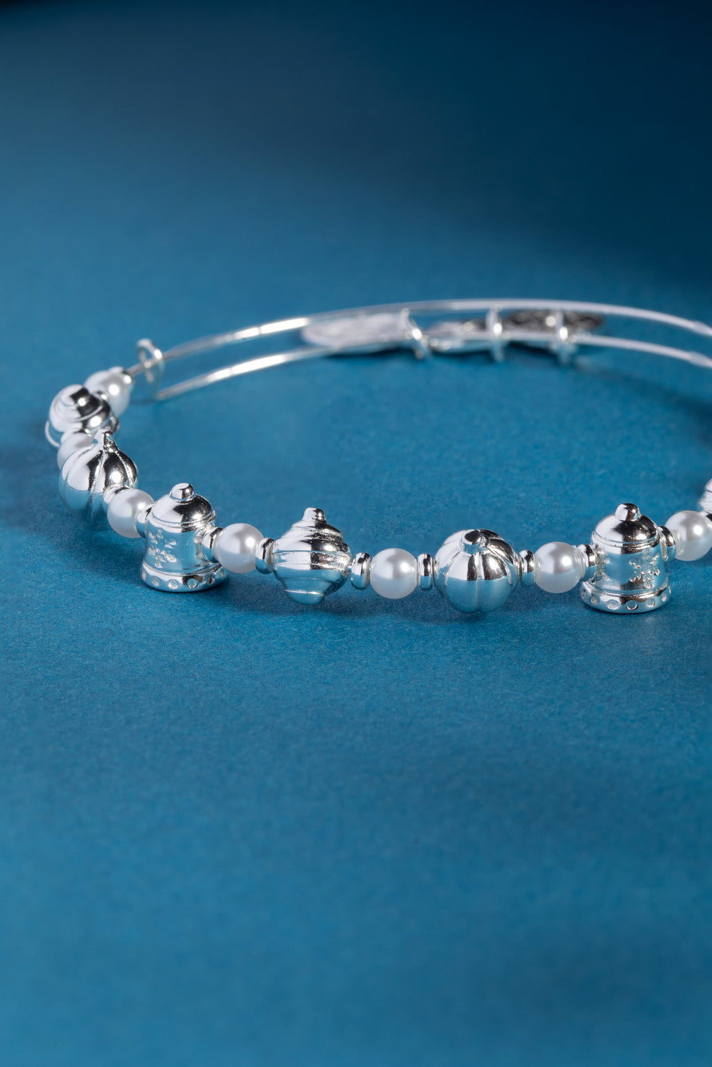 Festive Holiday Bells and Pearl Crystal Bead Expandable Bangle