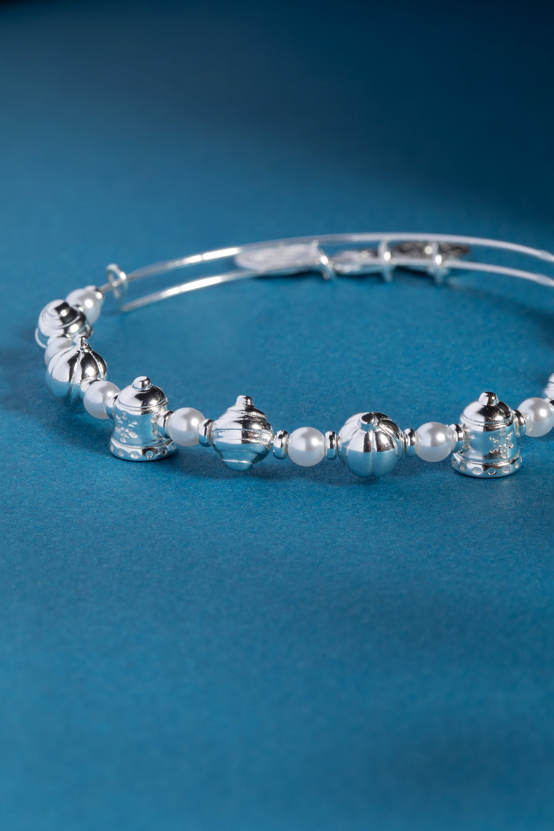 Festive Holiday Bells and Pearl Crystal Bead Expandable Bangle