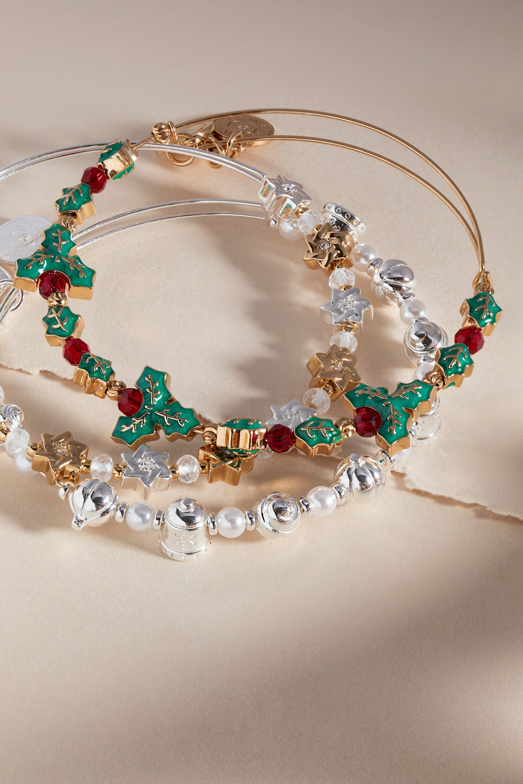 Festive Holiday Bells and Pearl Crystal Bead Expandable Bangle