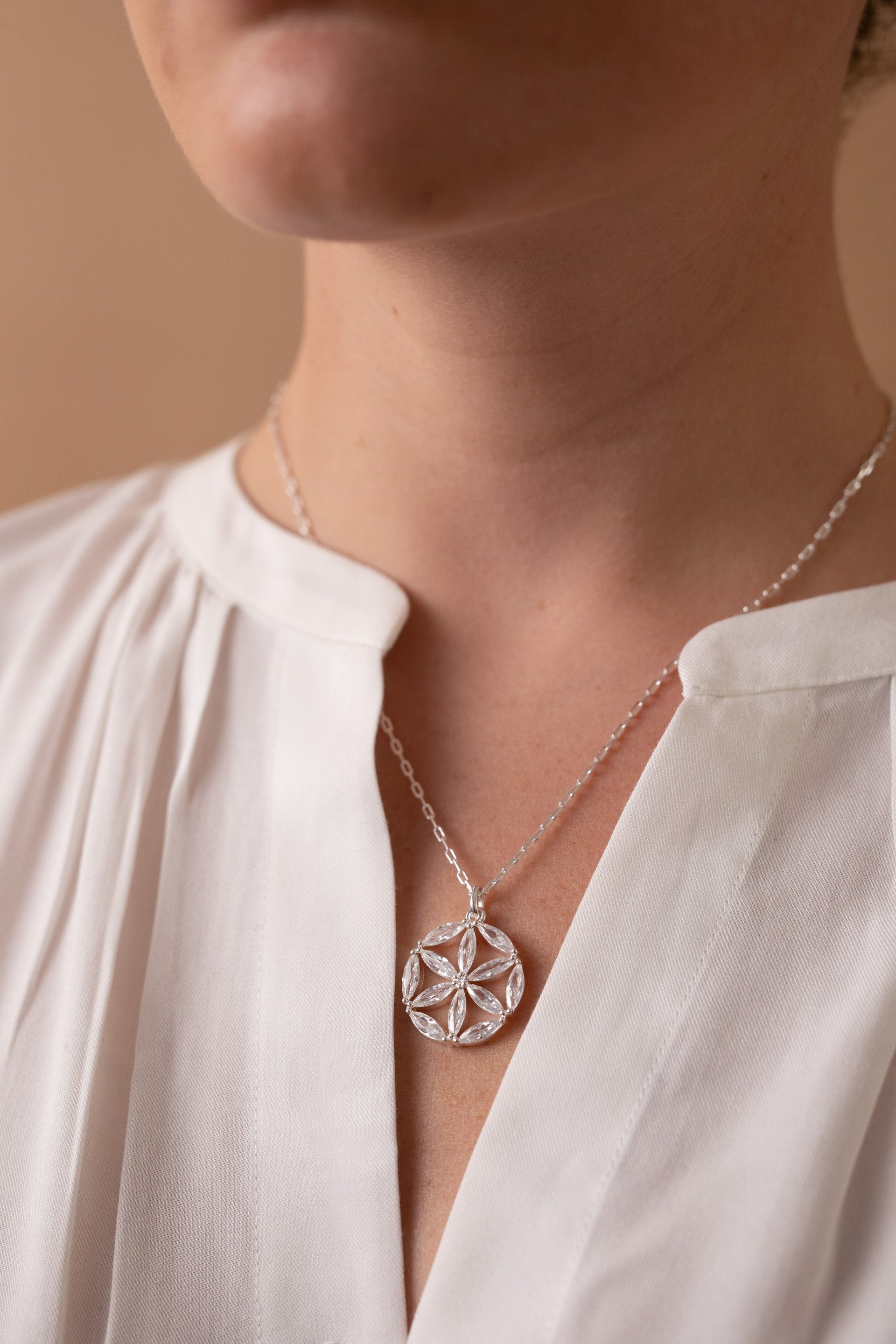Faith and Family Rosette Pendant Necklace in Silver and Clear