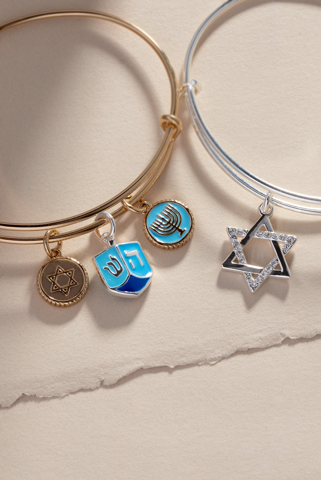Two-Tone Star of David Crystal Expandable Bangle in Silver and Gold