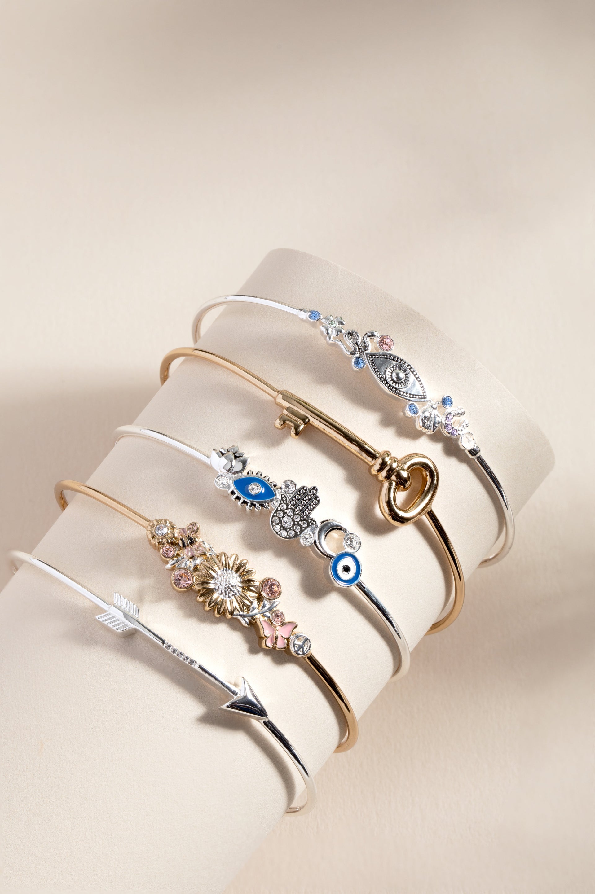 Floral Inline Bangle with Two-Tone Flower Motif Gold Pink White