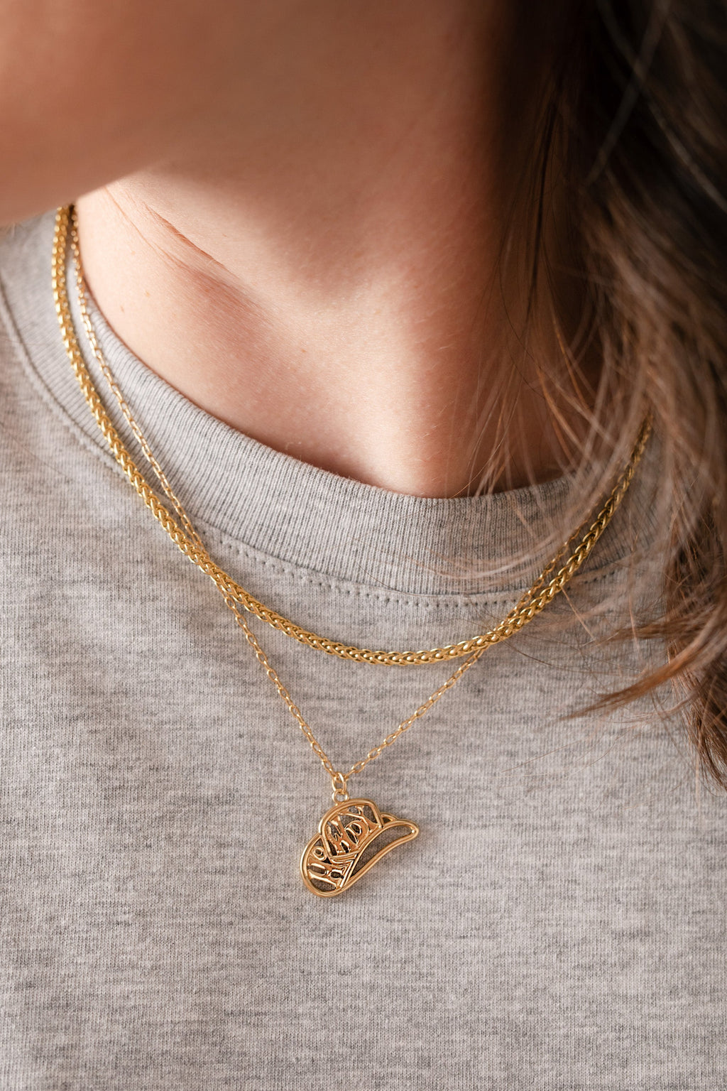 Gold Howdy Cowboy Hat Charm Necklace Western Bohemian Jewelry