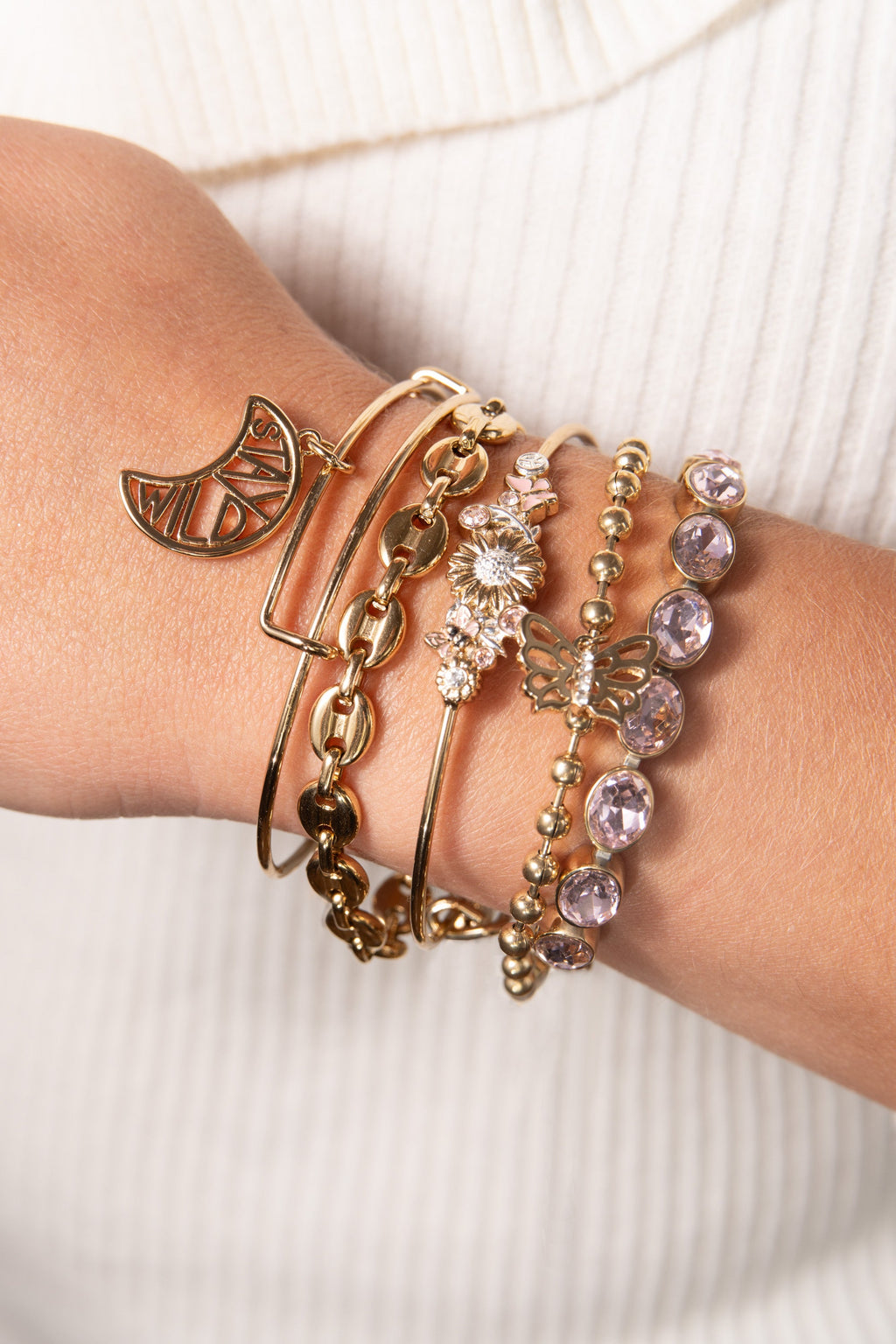 Floral Inline Bangle with Two-Tone Flower Motif Gold Pink White