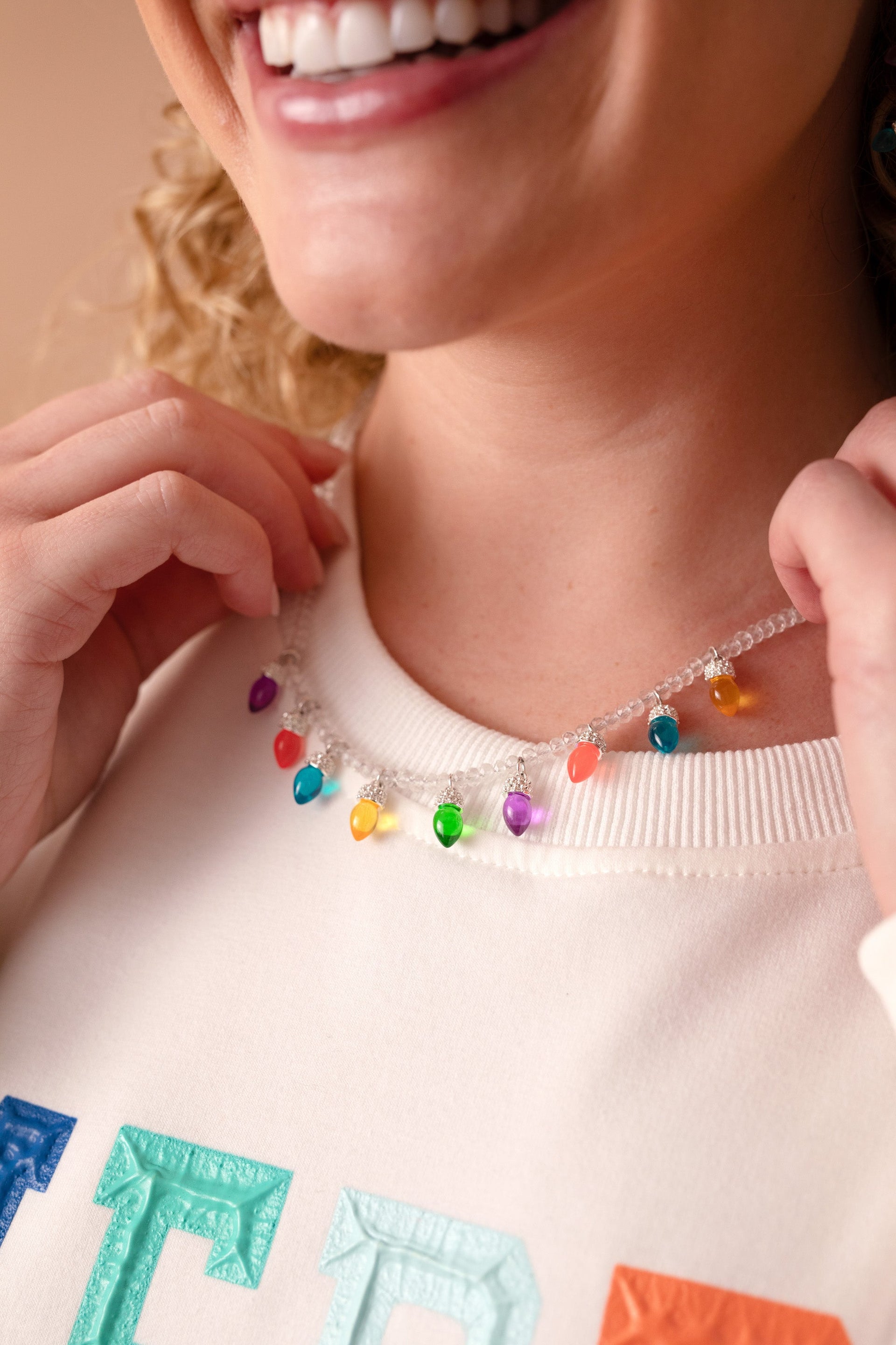 Festive Multi-Color Holiday Light Bulb Crystal Charm Necklace