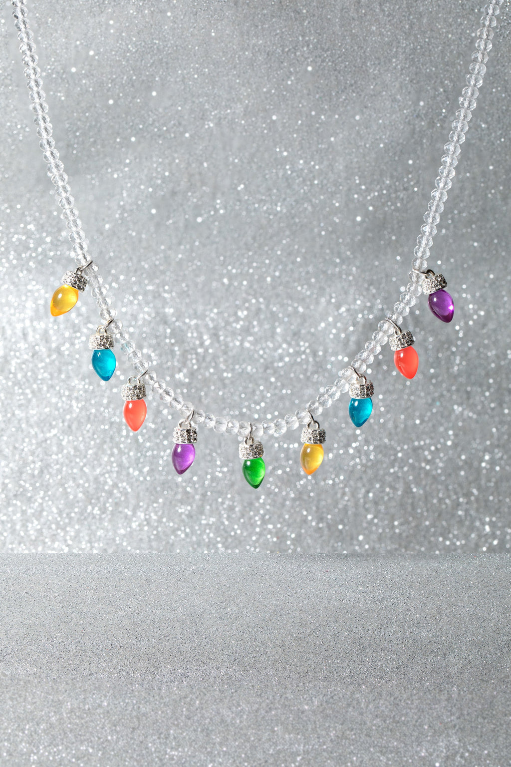 Festive Multi-Color Holiday Light Bulb Crystal Charm Necklace