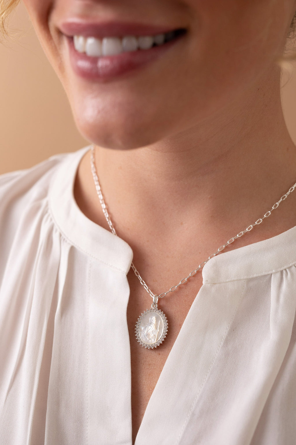 Divine Guides St. Christopher Pendant Necklace with Mother of Pearl
