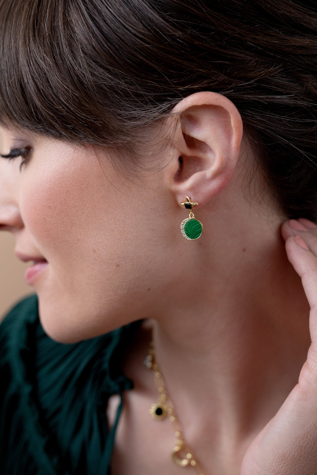 Gold-Plated Malachite Drop Earrings with Crystal Celestial Accents