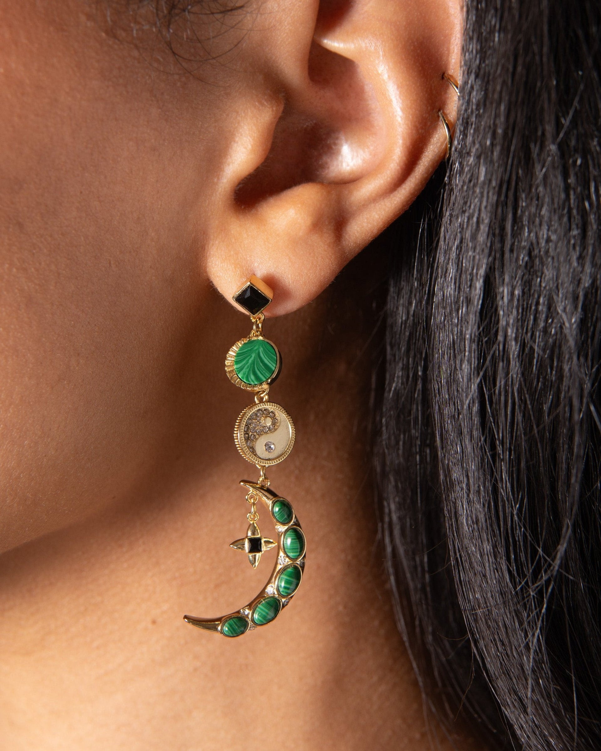 Gold-Plated Malachite Charm Earrings with Yin-Yang & Moon Accents