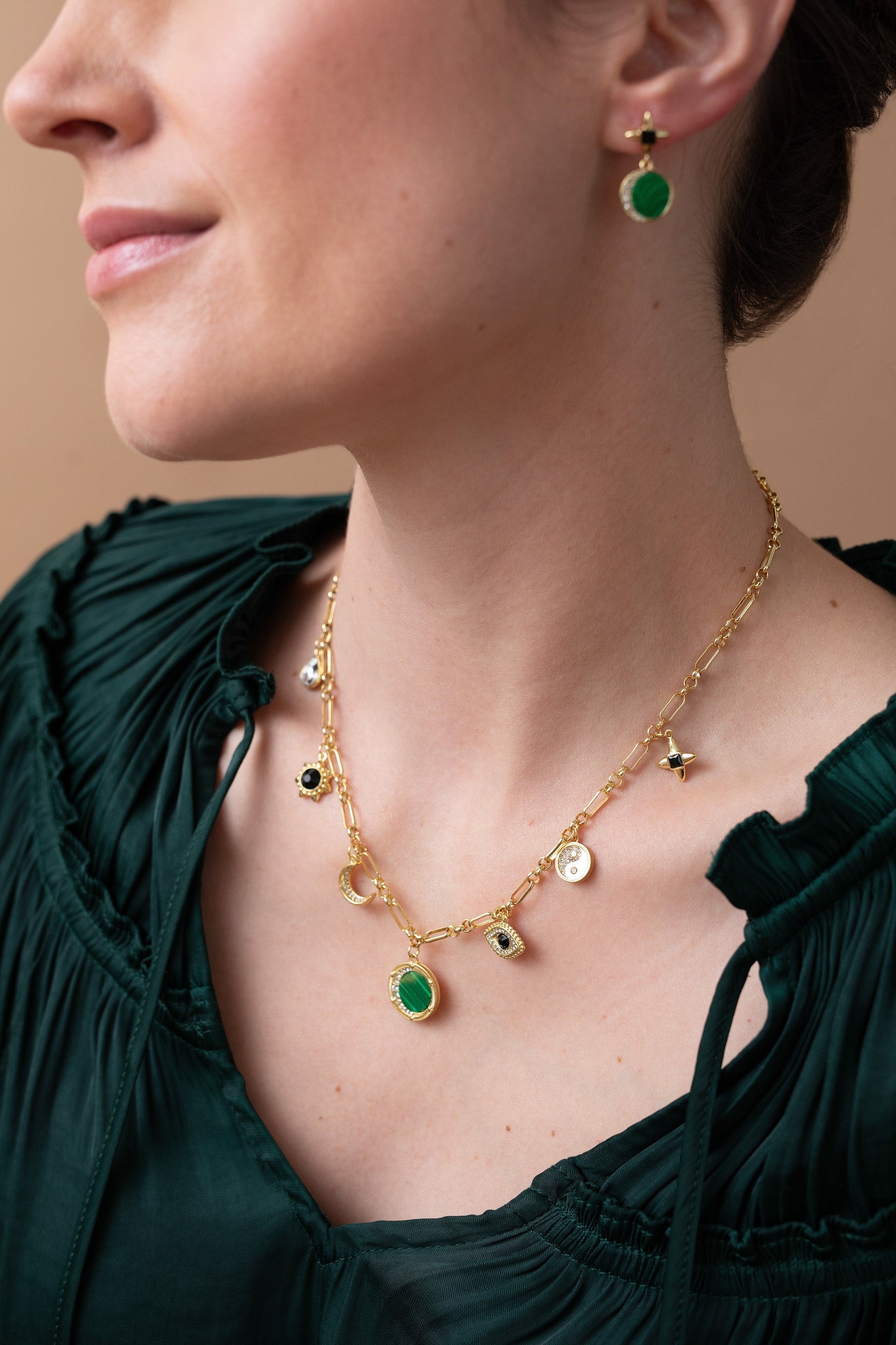 Gold-Plated Malachite Drop Earrings with Crystal Celestial Accents