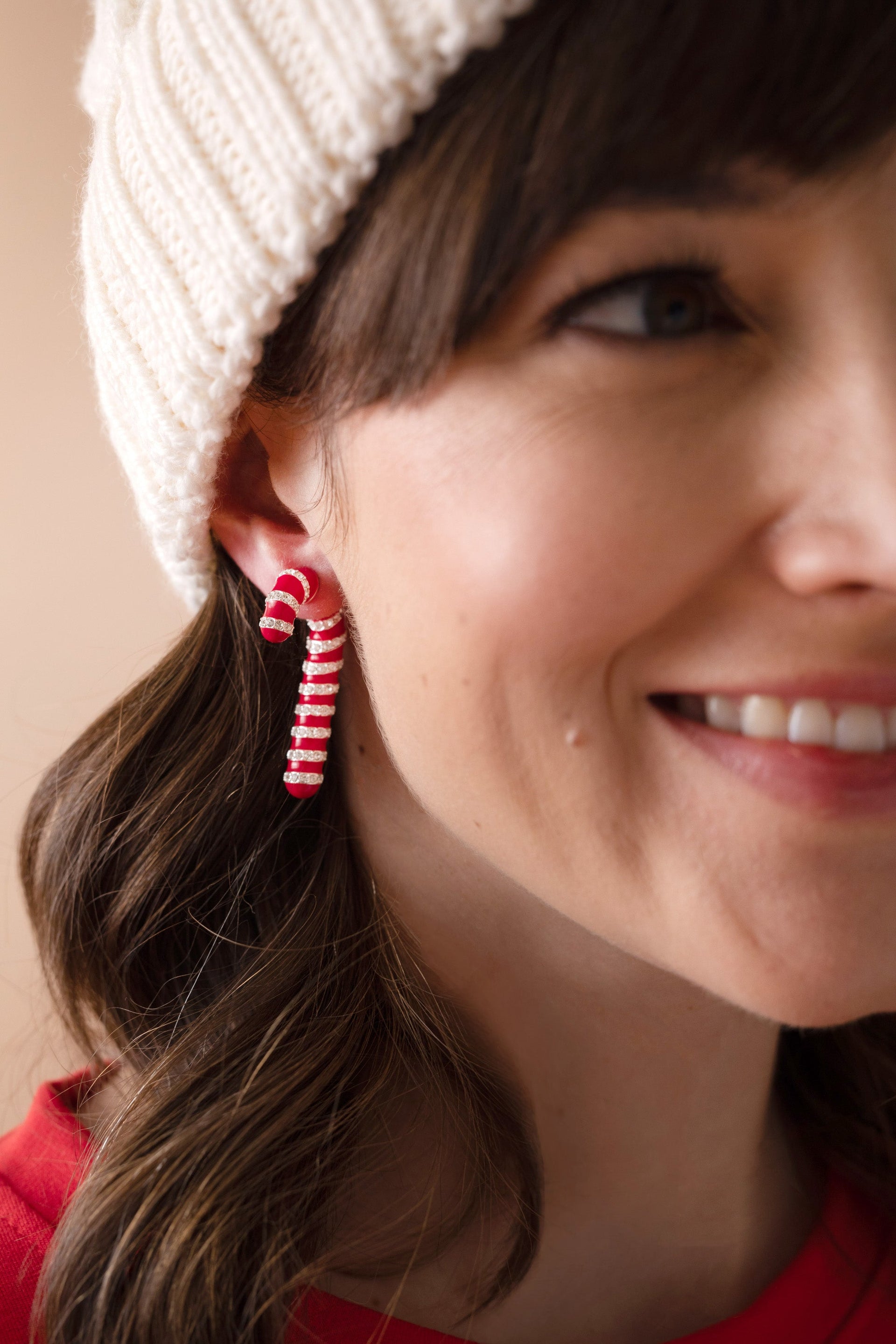 Candy Cane Front-Back Earrings with Crystals in Polished Silver