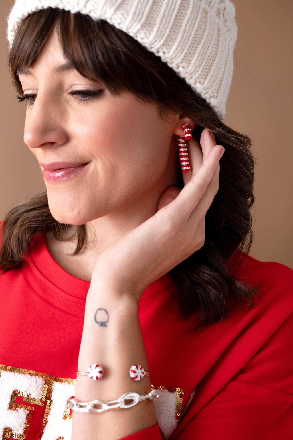 Candy Cane Front-Back Earrings with Crystals in Polished Silver