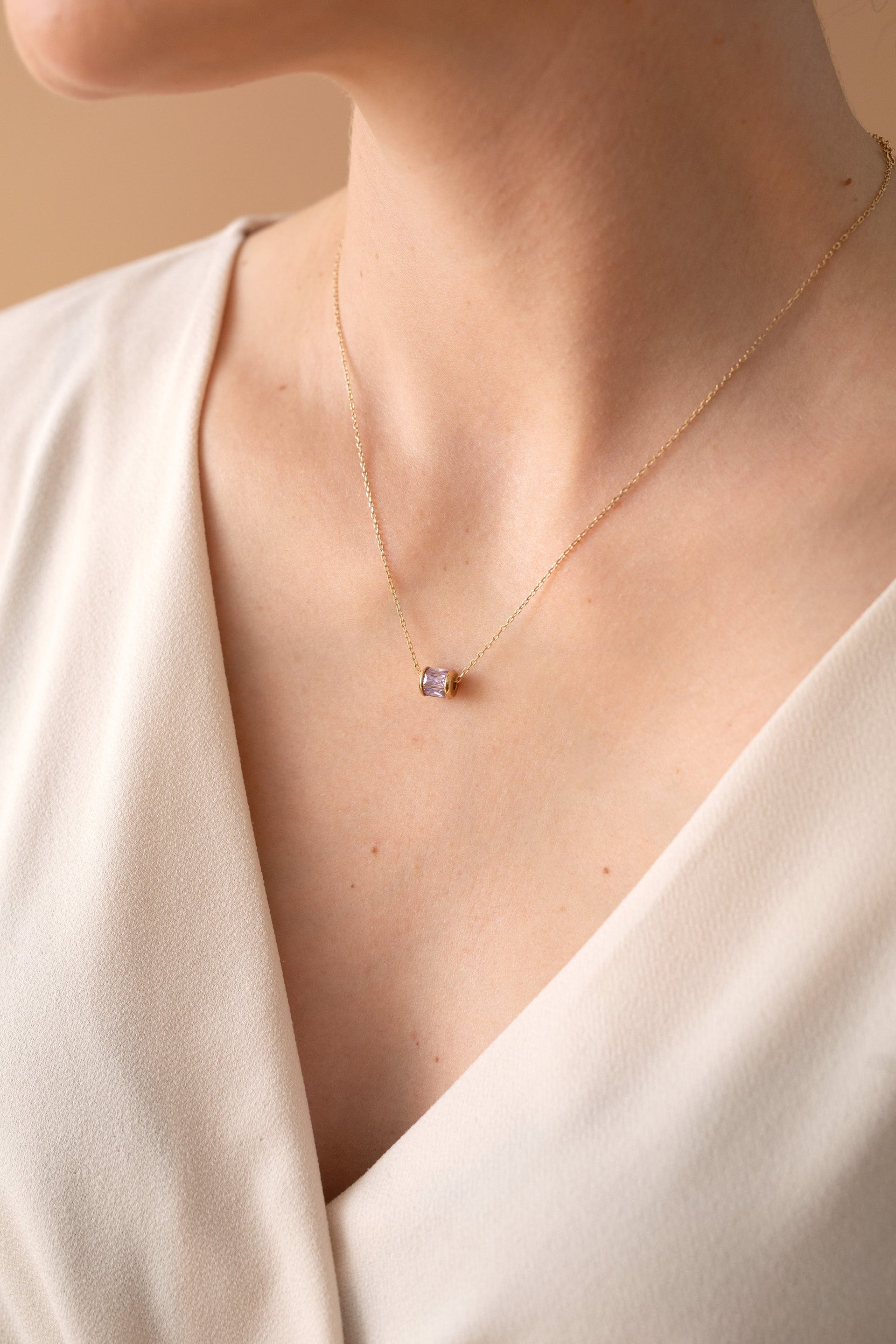 June Birthstone Pendant Necklace in 14K Gold with Amethyst Crystal