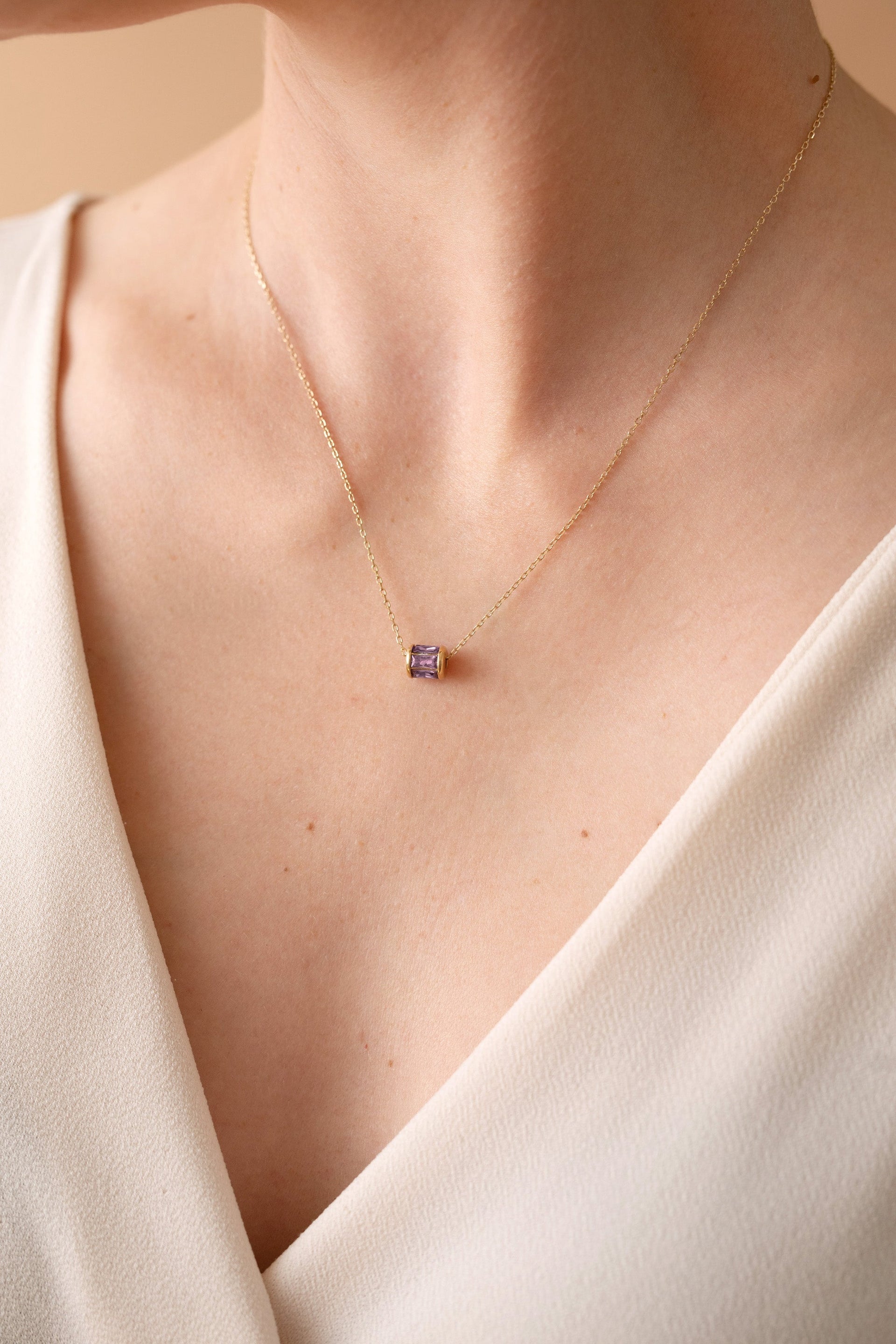 February Birthstone Amethyst Barrel Pendant Necklace in Gold-Plated
