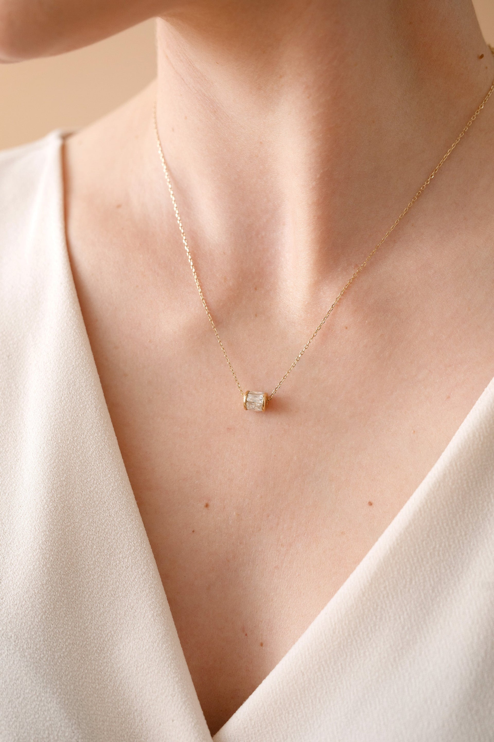April Birthstone Barrel Pendant Necklace in Gold and Clear