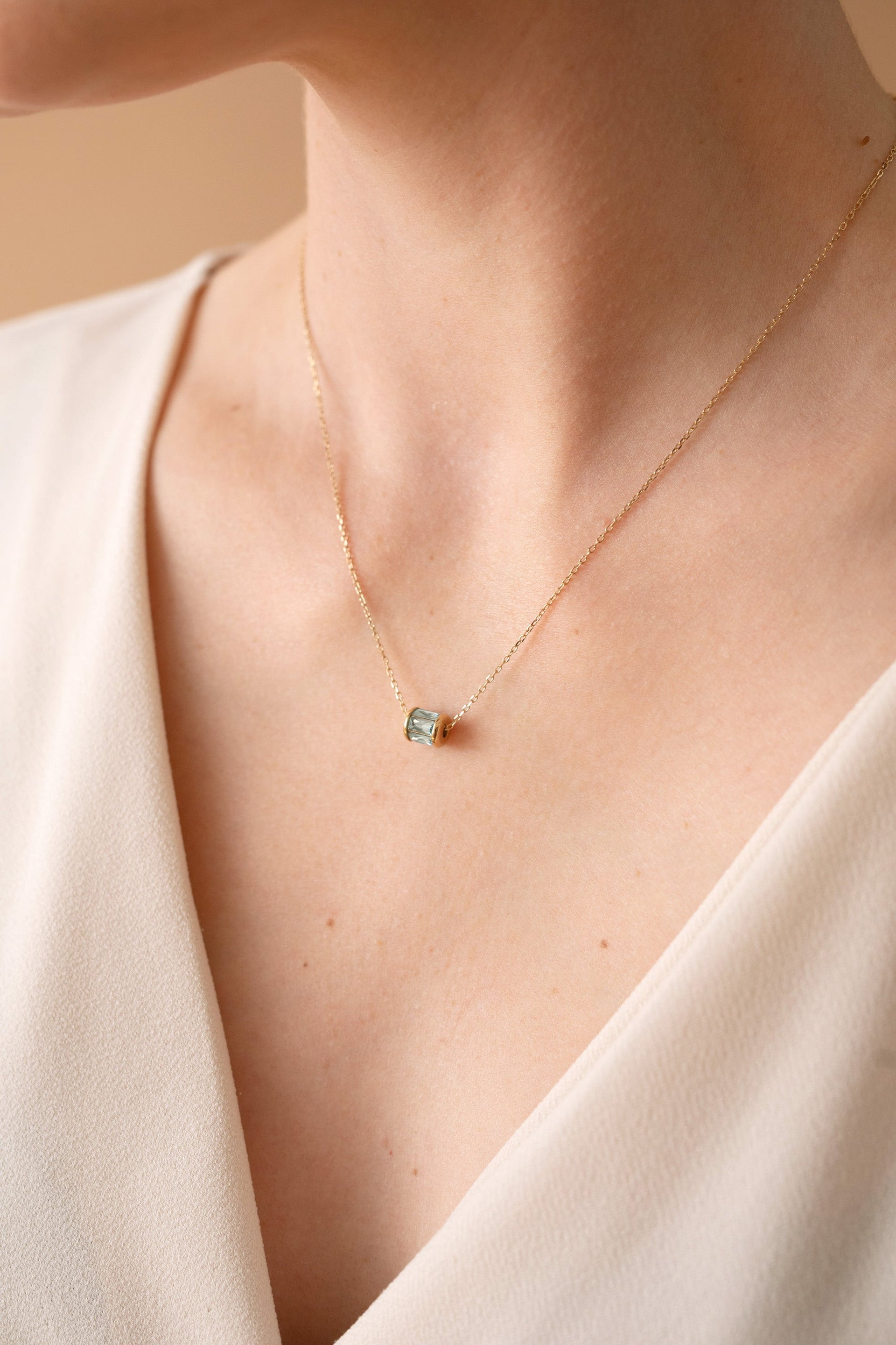 March Birthstone Aquamarine-Toned Barrel Charm Necklace