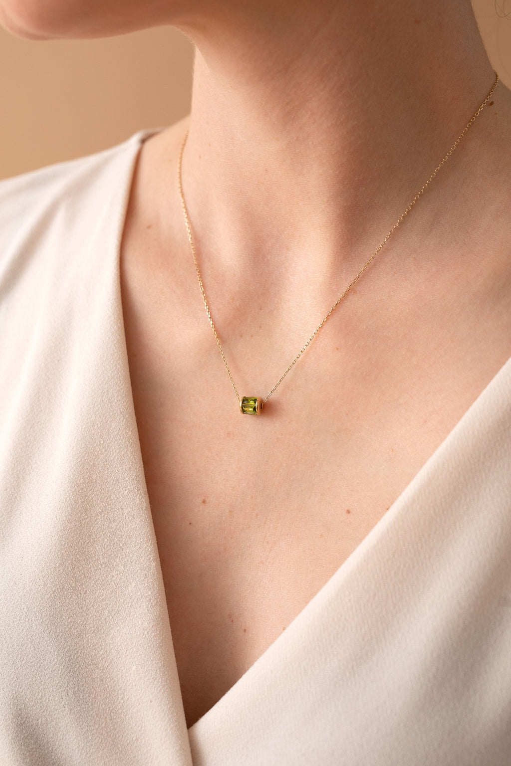 August Birthstone Sliding Barrel Pendant Necklace with Peridot Crystals