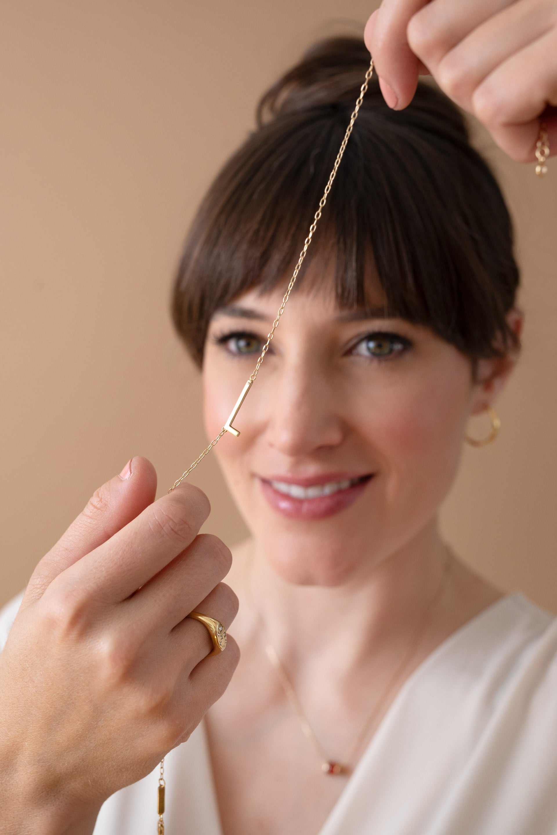 Initial L Precious Elongated Necklace in Gold and Silver Tones