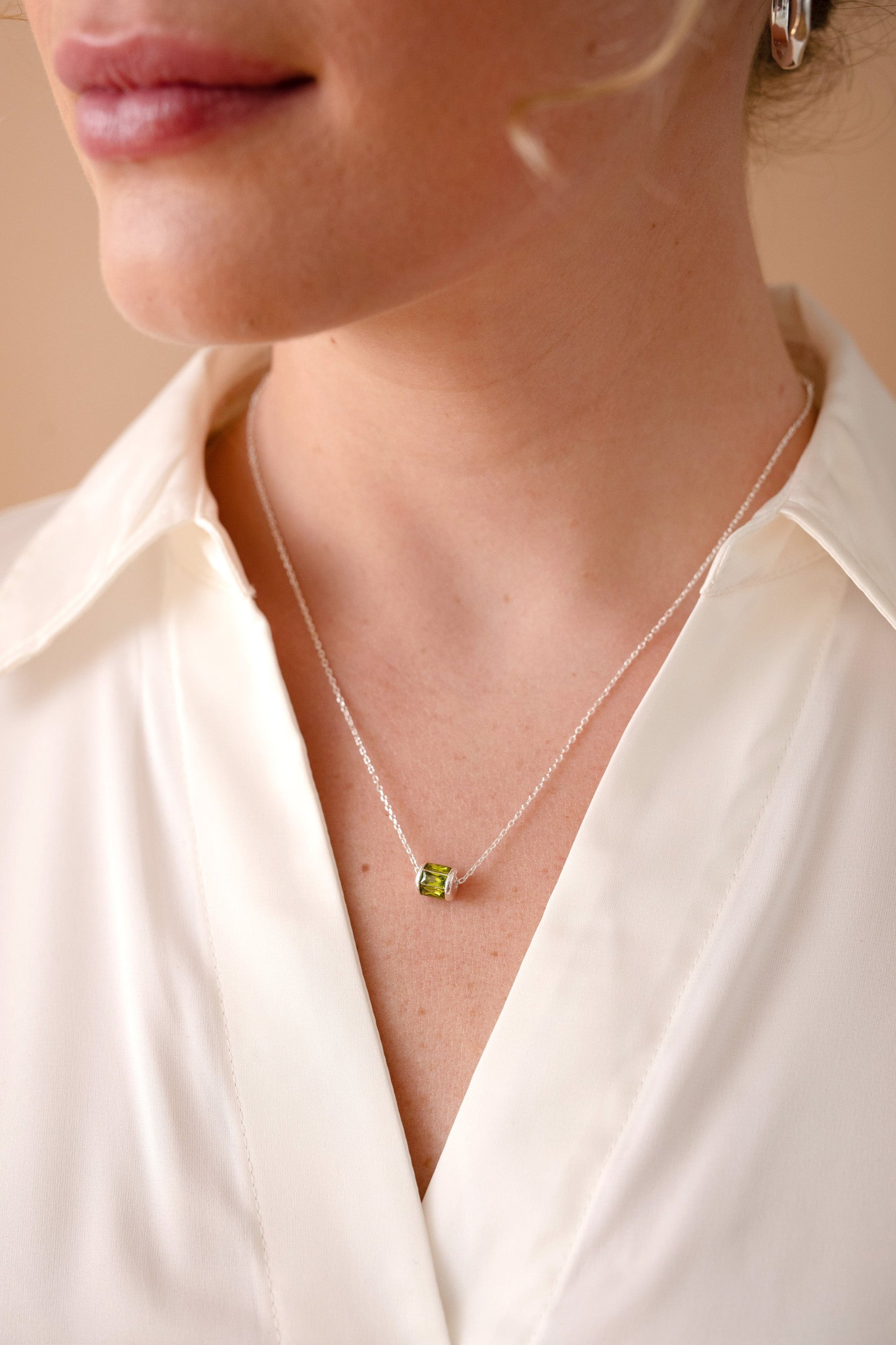 August Birthstone Sliding Barrel Pendant Necklace with Peridot Crystals