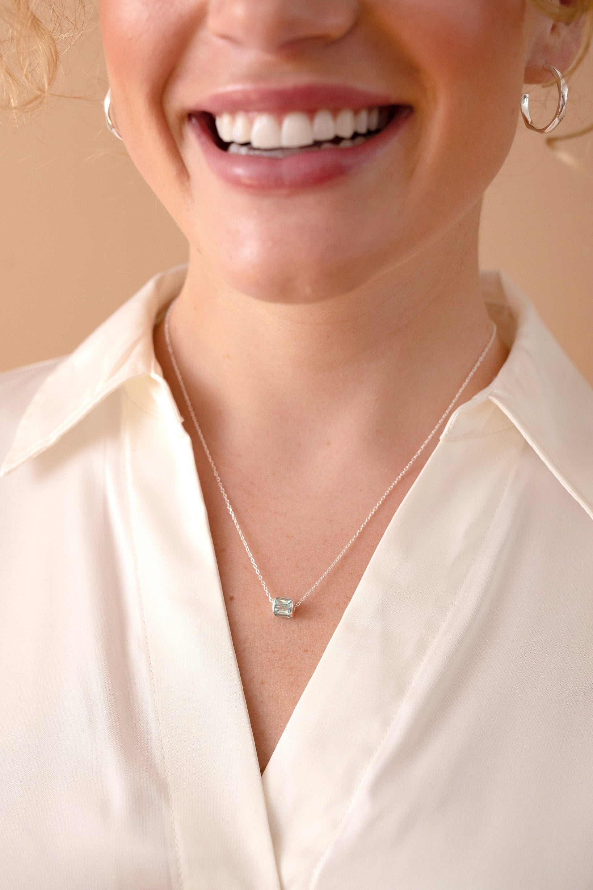 March Birthstone Aquamarine-Toned Barrel Charm Necklace
