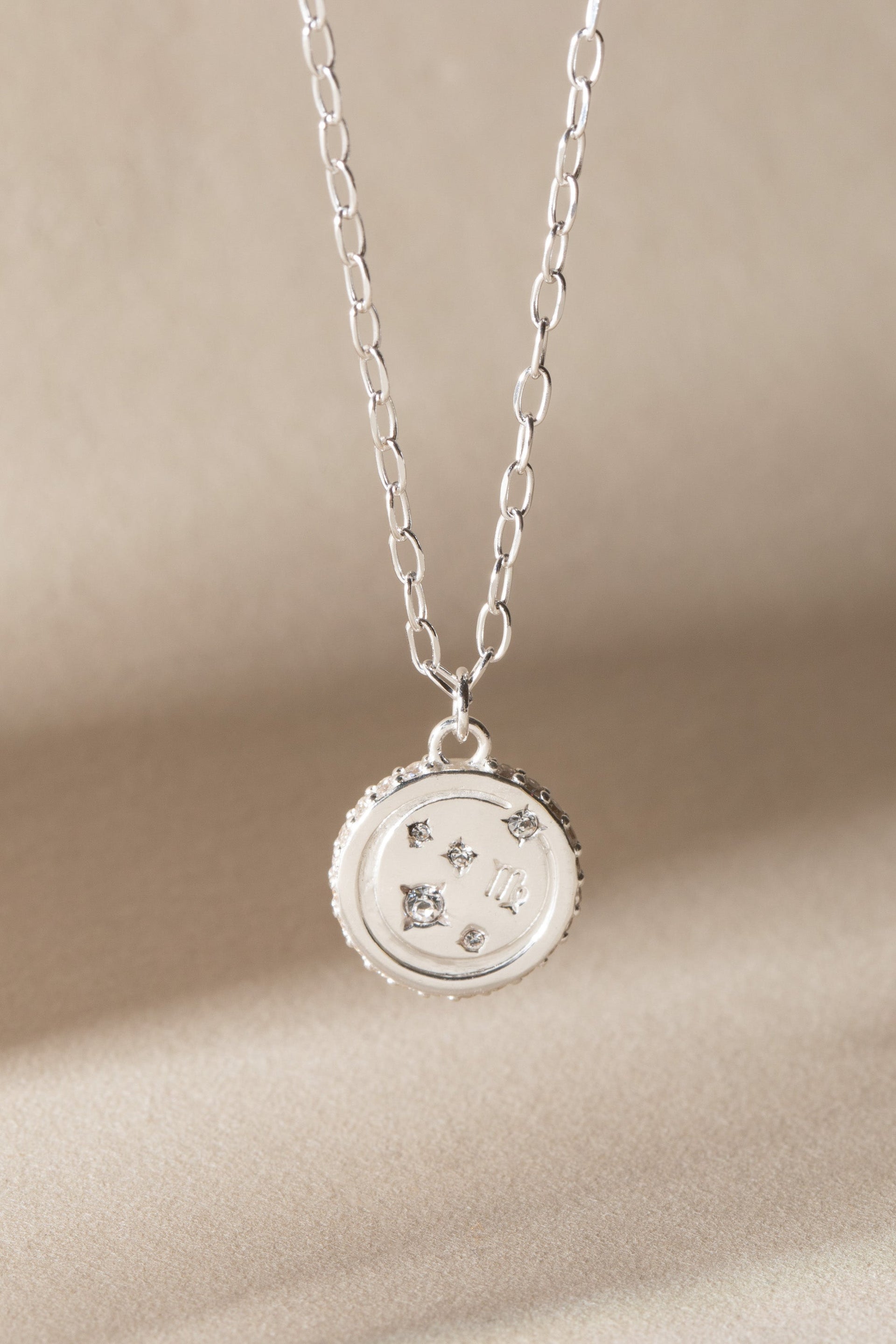 Virgo Zodiac Pendant Necklace in Silver with Crystal Accents