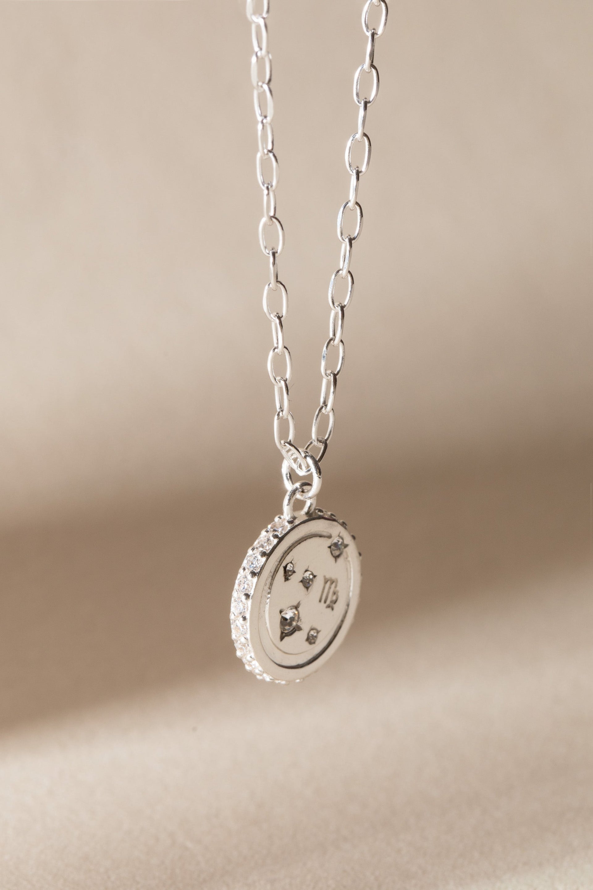 Virgo Zodiac Pendant Necklace in Silver with Crystal Accents