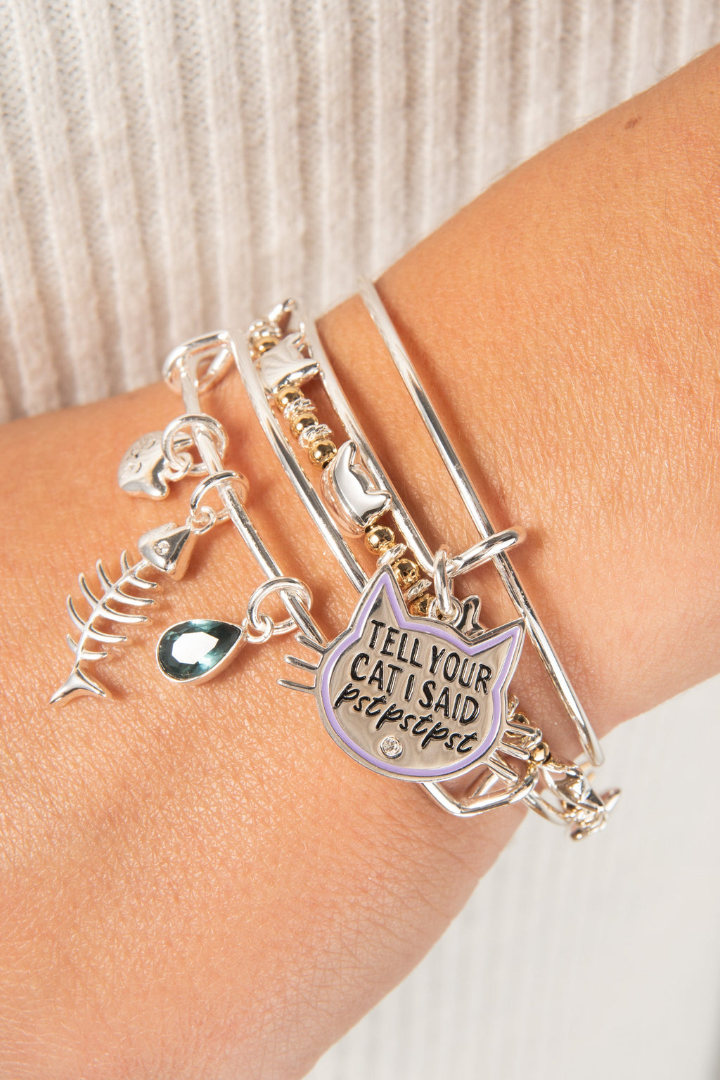 Cat Beaded Expandable Bangle Bracelet in Two-Tone Finish
