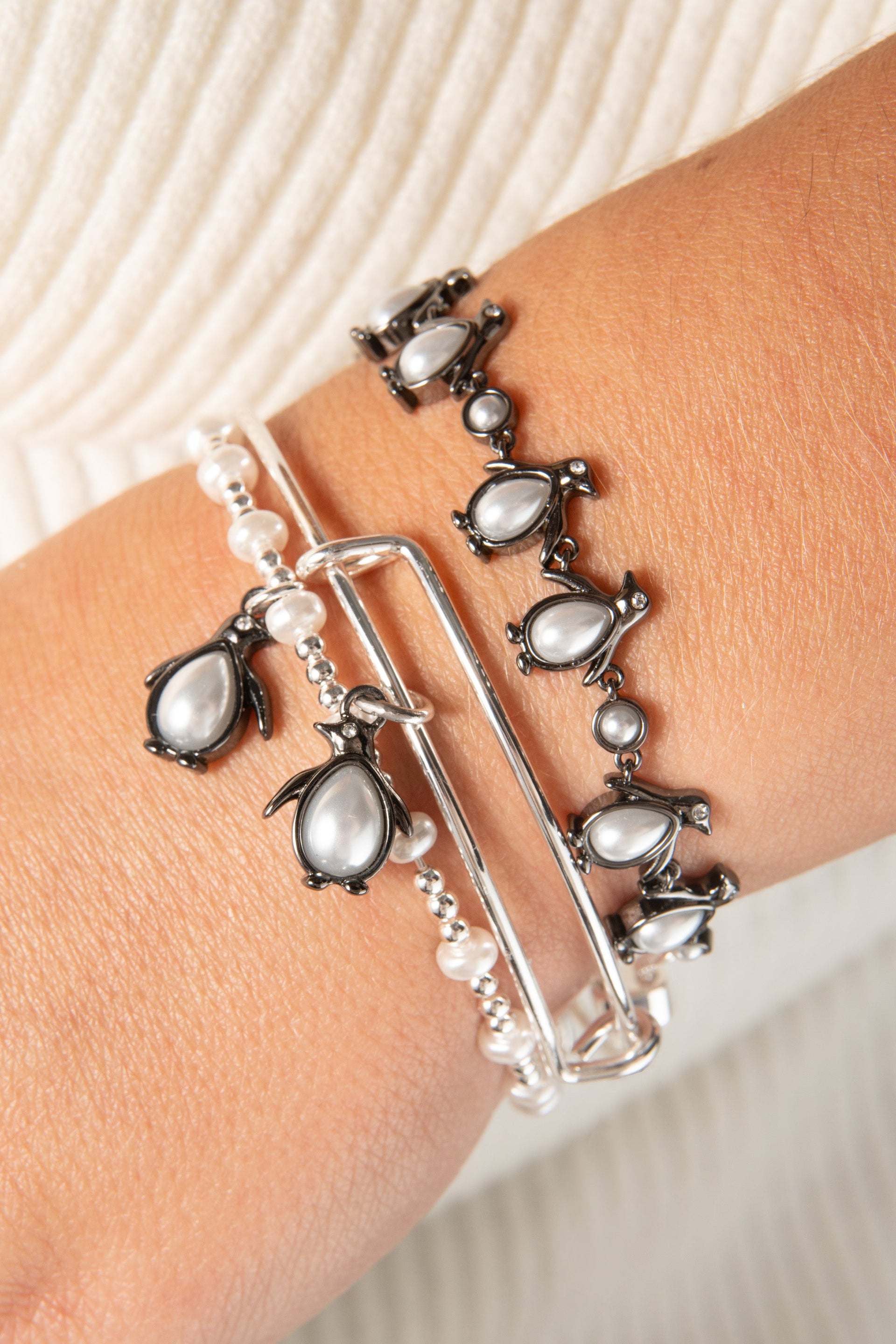 Penguin Charm Bangle Set of 2 with Pearl and Crystal