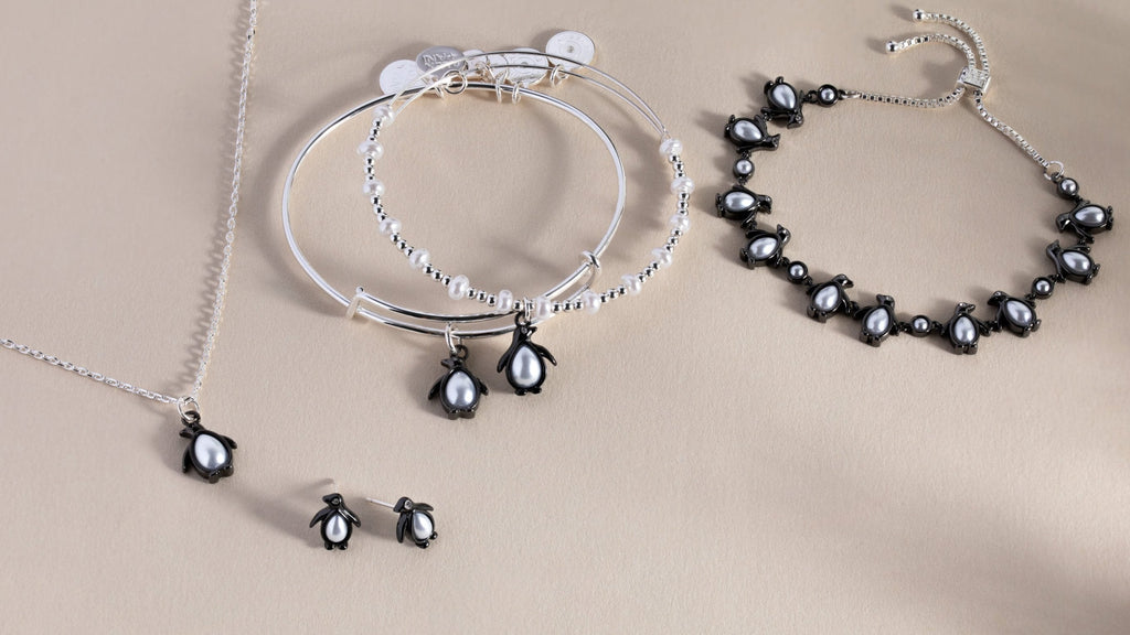 Penguin Charm Bangle Set of 2 with Pearl and Crystal