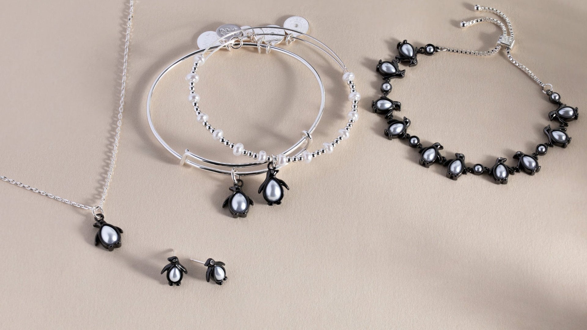 Penguin Charm Bangle Set of 2 with Pearl and Crystal