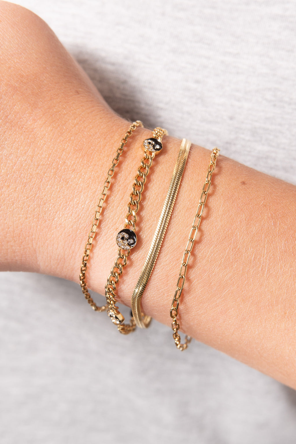 Gold Yin Yang Curb Chain Bracelet with Crystal and Enamel Charms