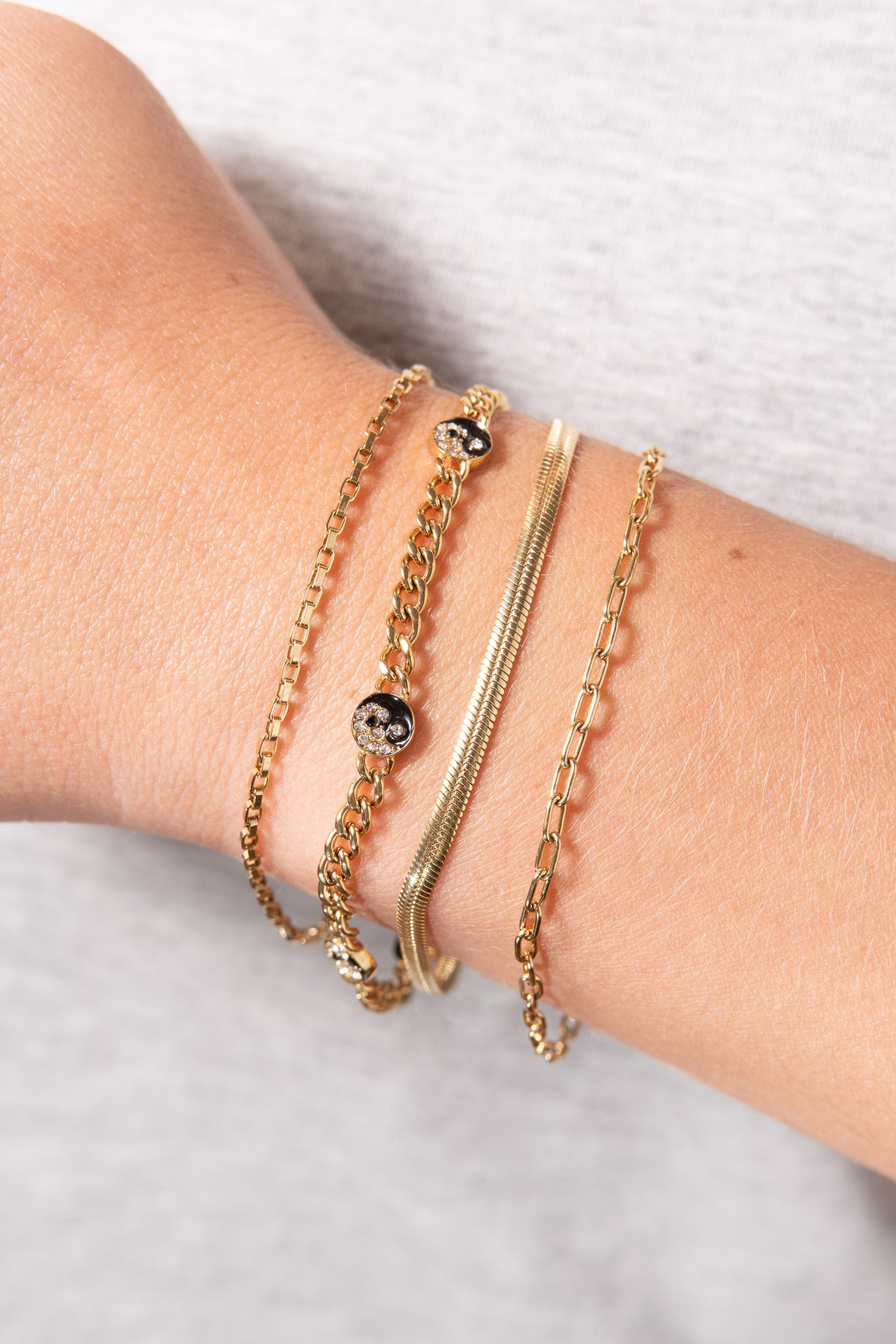 Gold Yin Yang Curb Chain Bracelet with Crystal and Enamel Charms