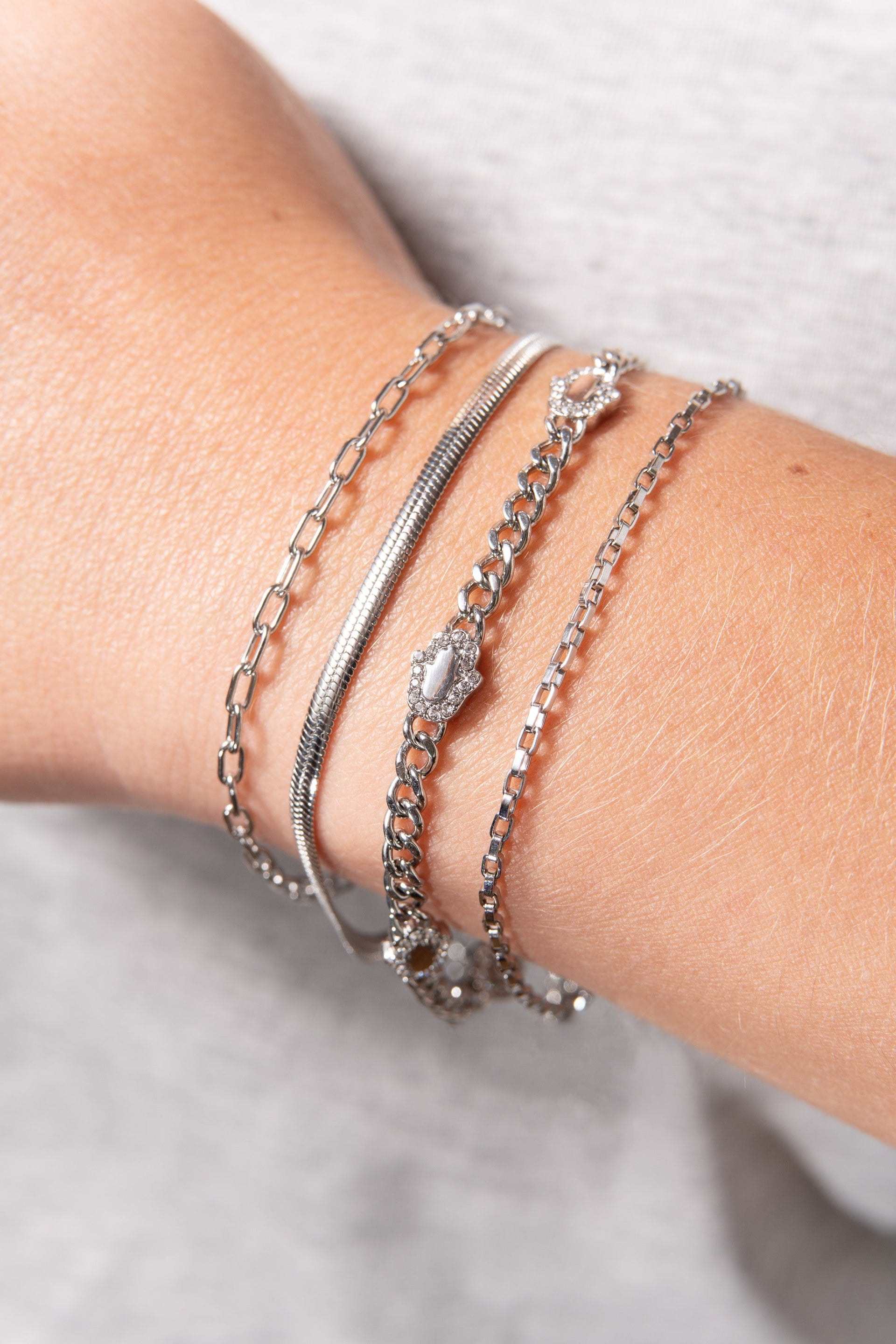 Silver Hamsa Curb Chain Bracelet with Crystal Protection Charms