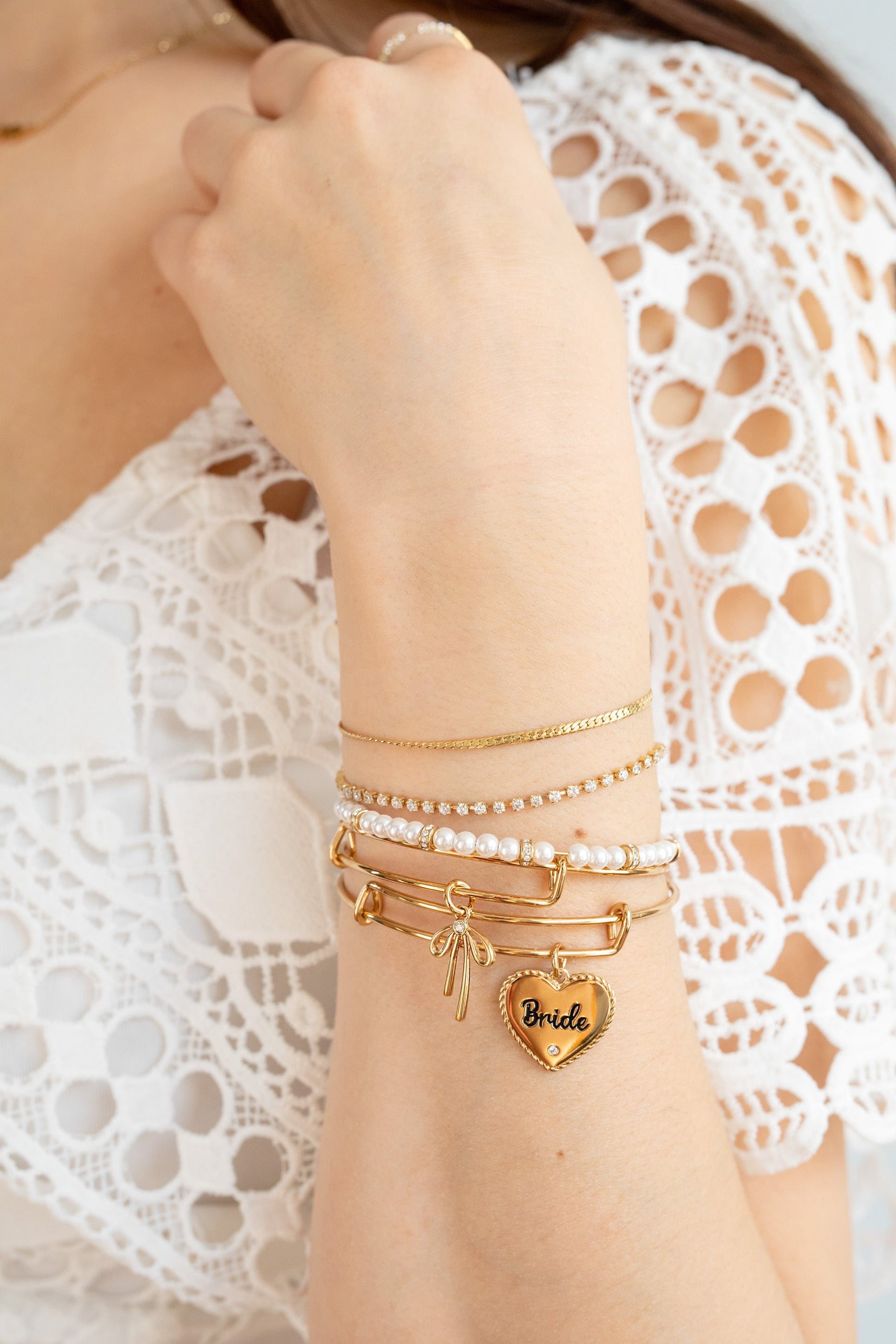 Bride Heart Charm Expandable Wire Bangle with Crystal Accent