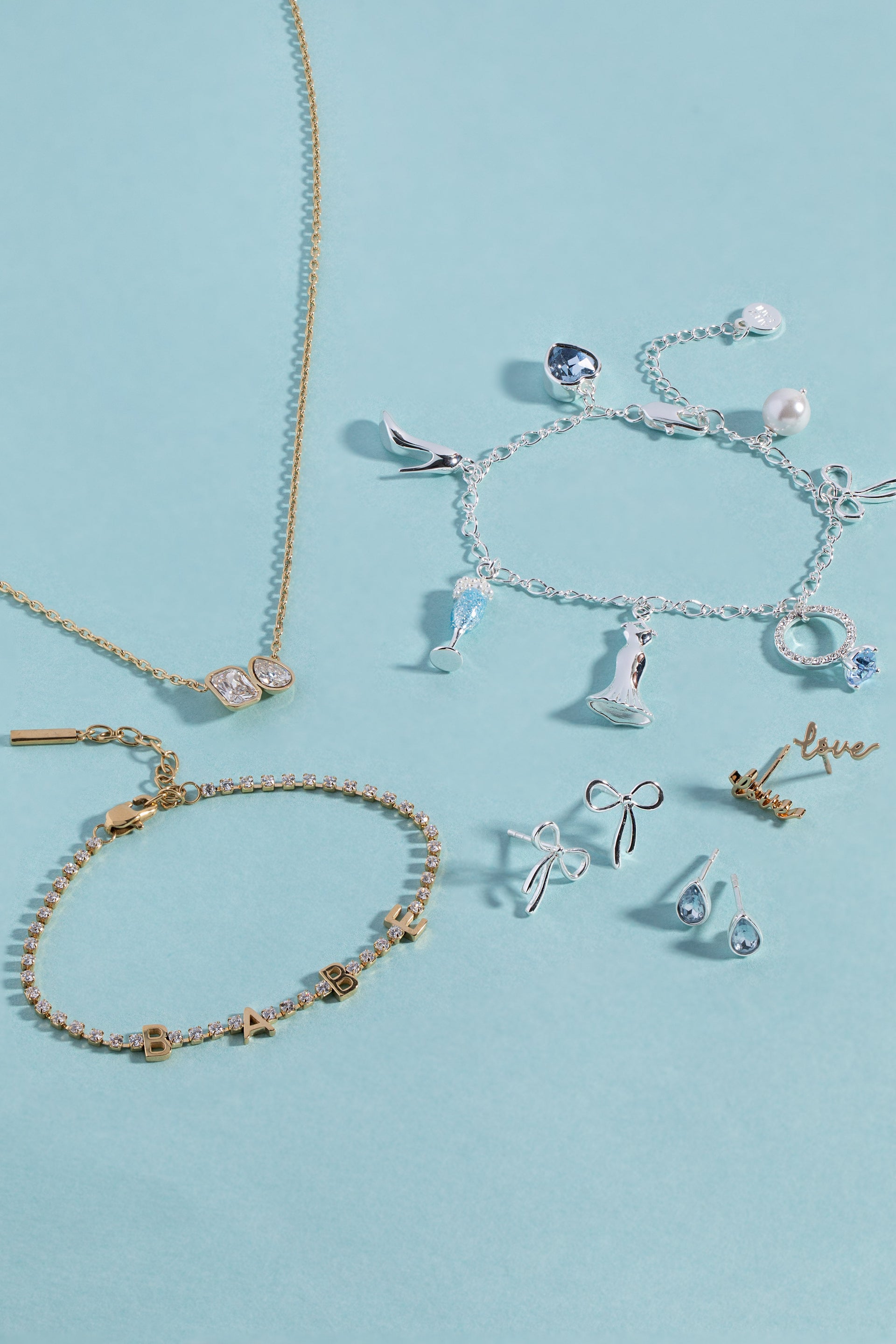 Bow & Teardrop Stud Earring Set in Gold, Silver, and Blue