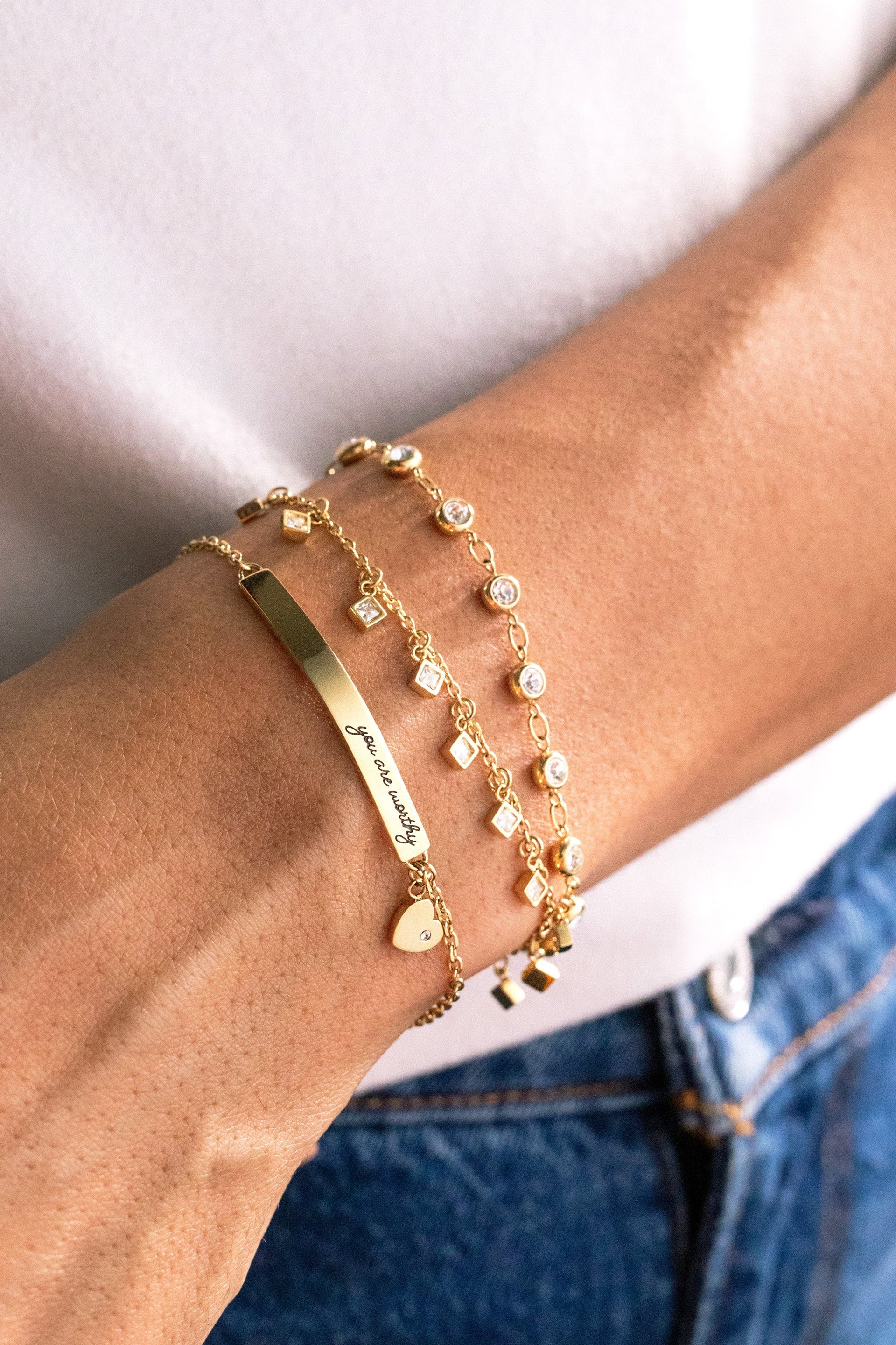 Crystal Pebble Chain Bracelet in Gold-Tone with Adjustable Clasp