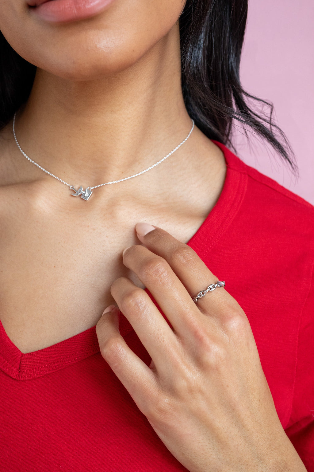 Love Letter Pendant Necklace in Silver with Swallow and Crystal