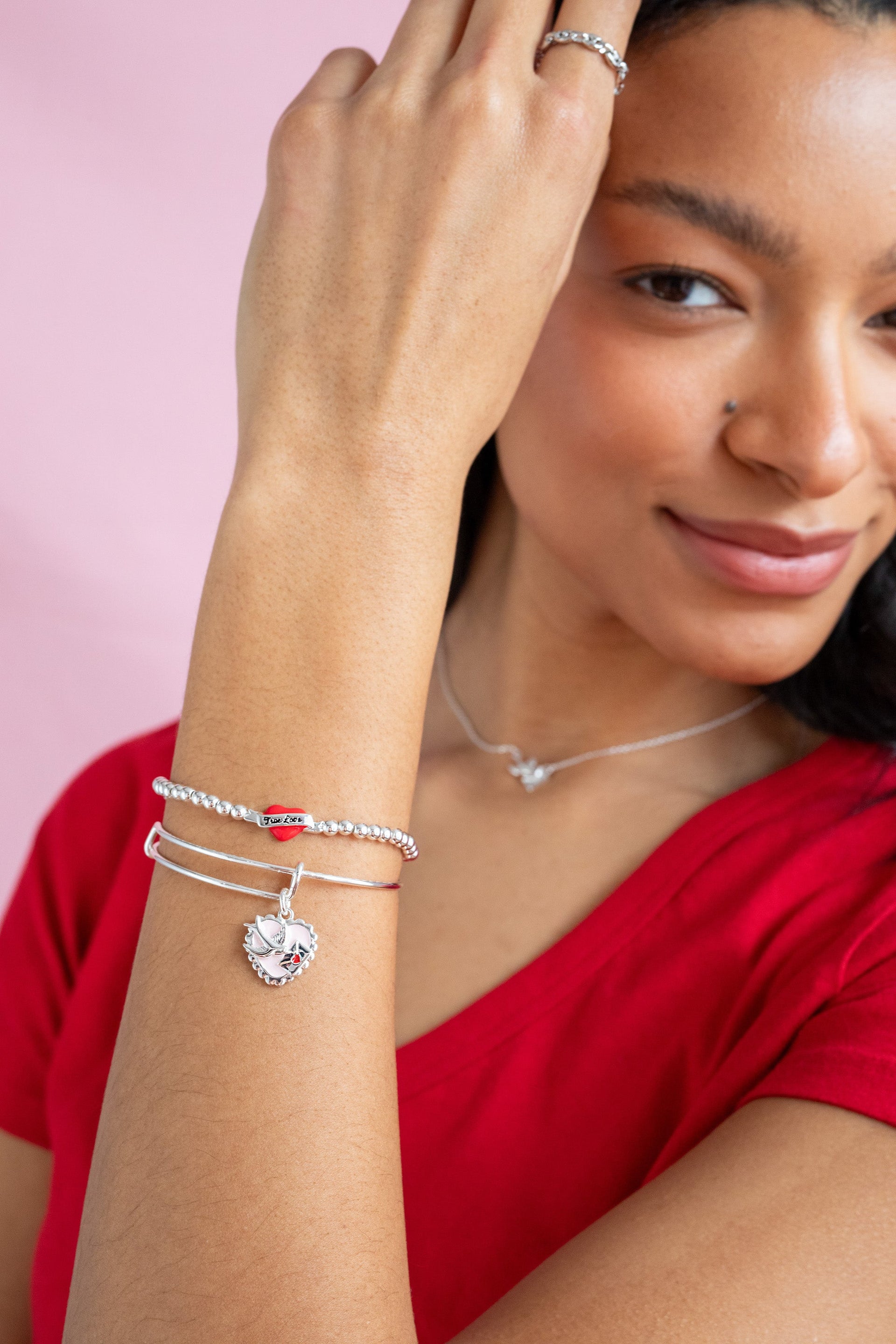 Love Letter and Swallow Charm Bangle Bracelet in Pink and Silver