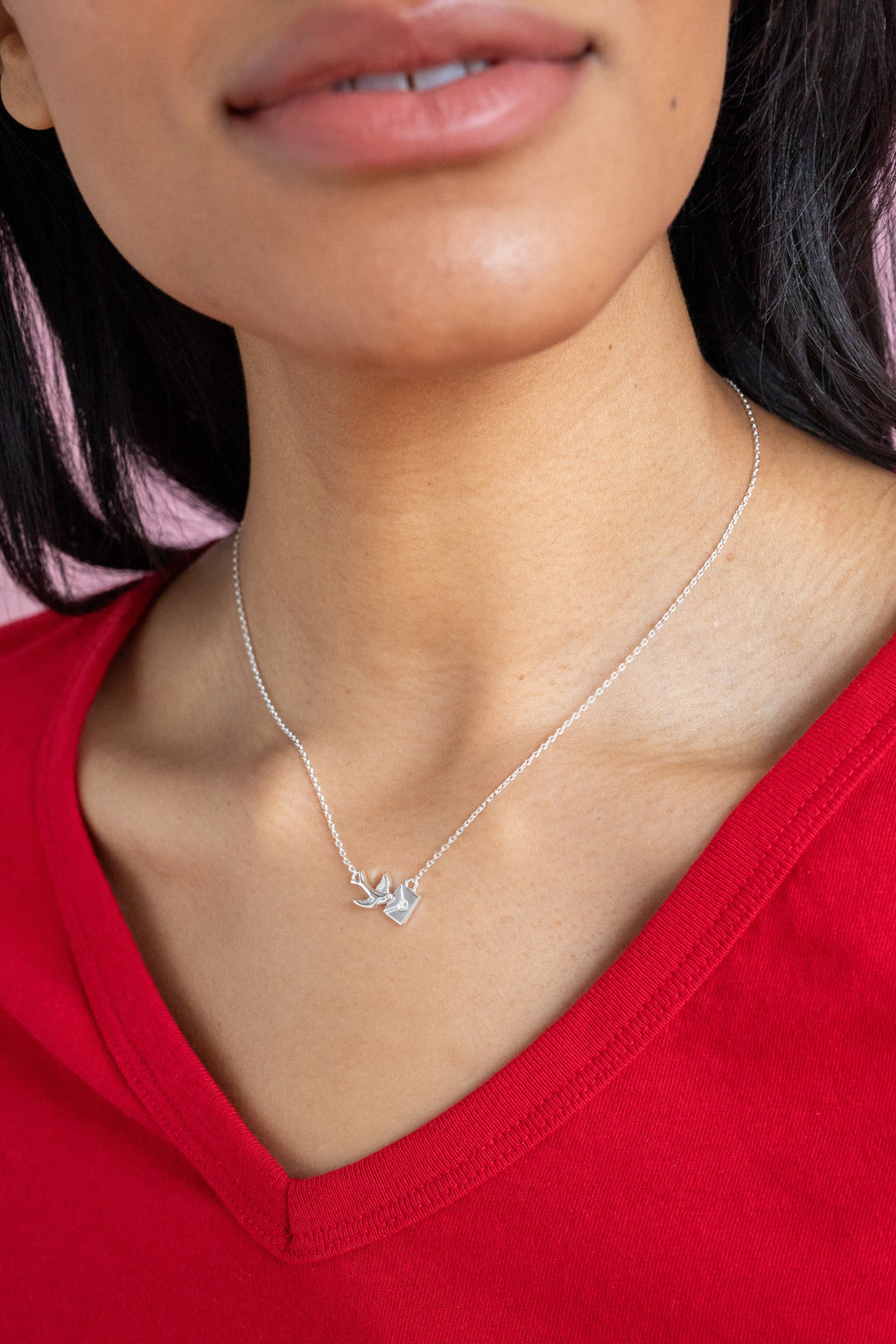 Love Letter Pendant Necklace in Silver with Swallow and Crystal