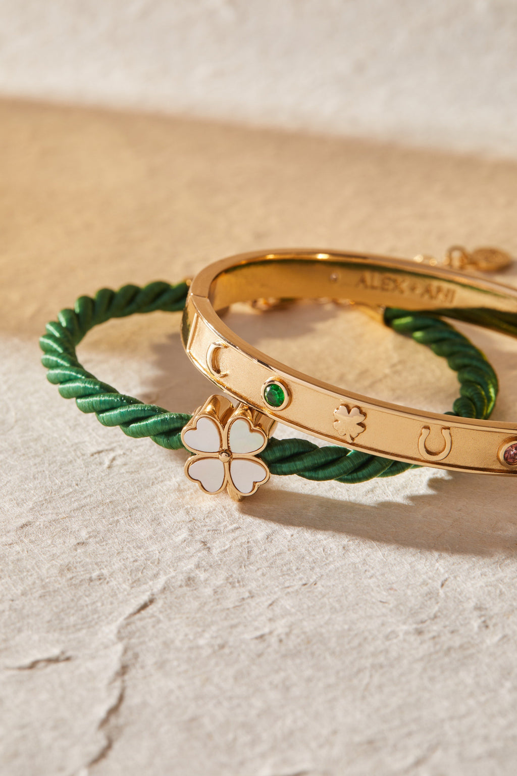 Lucky Hinge Bangle with Wishbone and Four-Leaf Clover