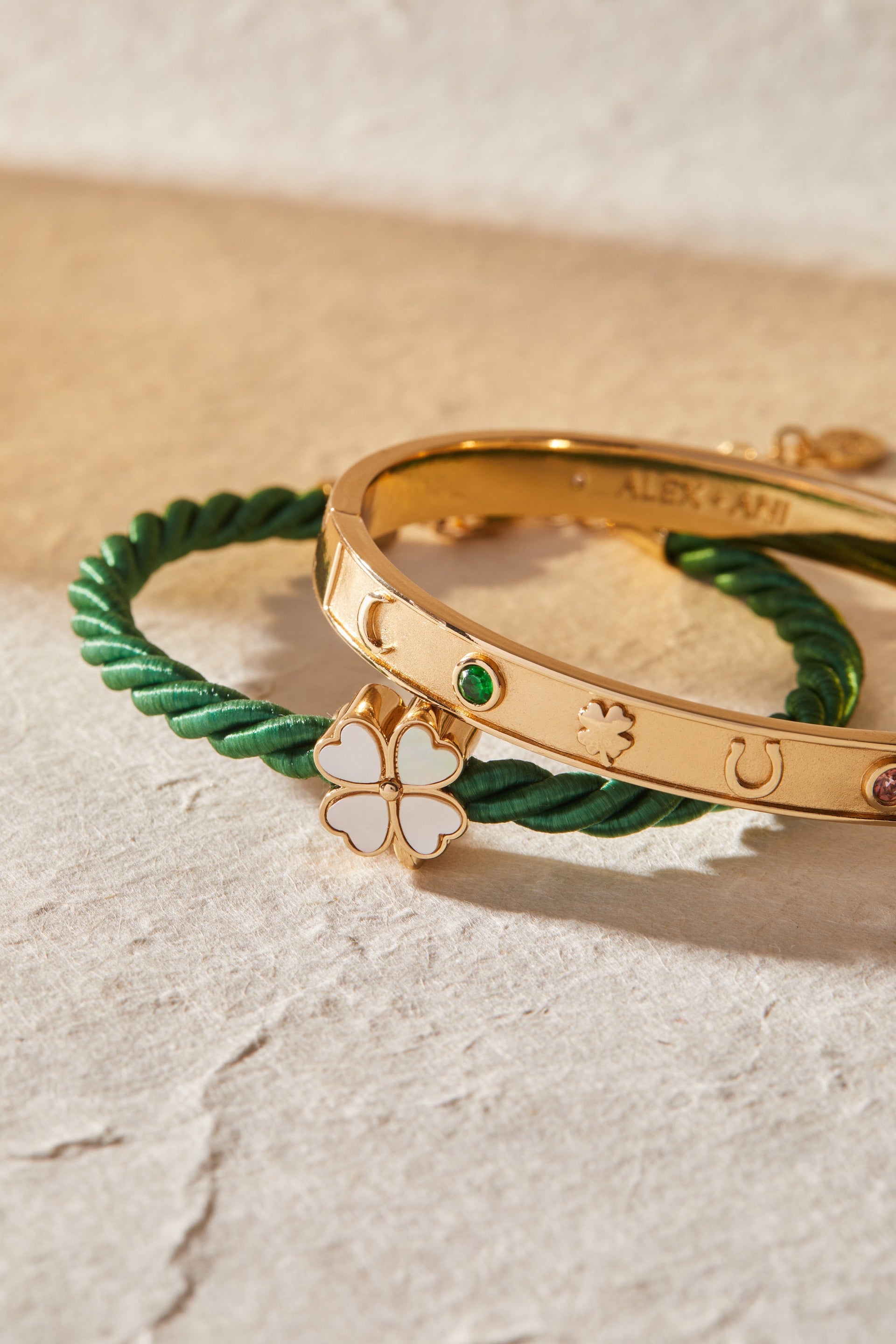 Four Leaf Clover Cord Bracelet with Blush Crystal Detail