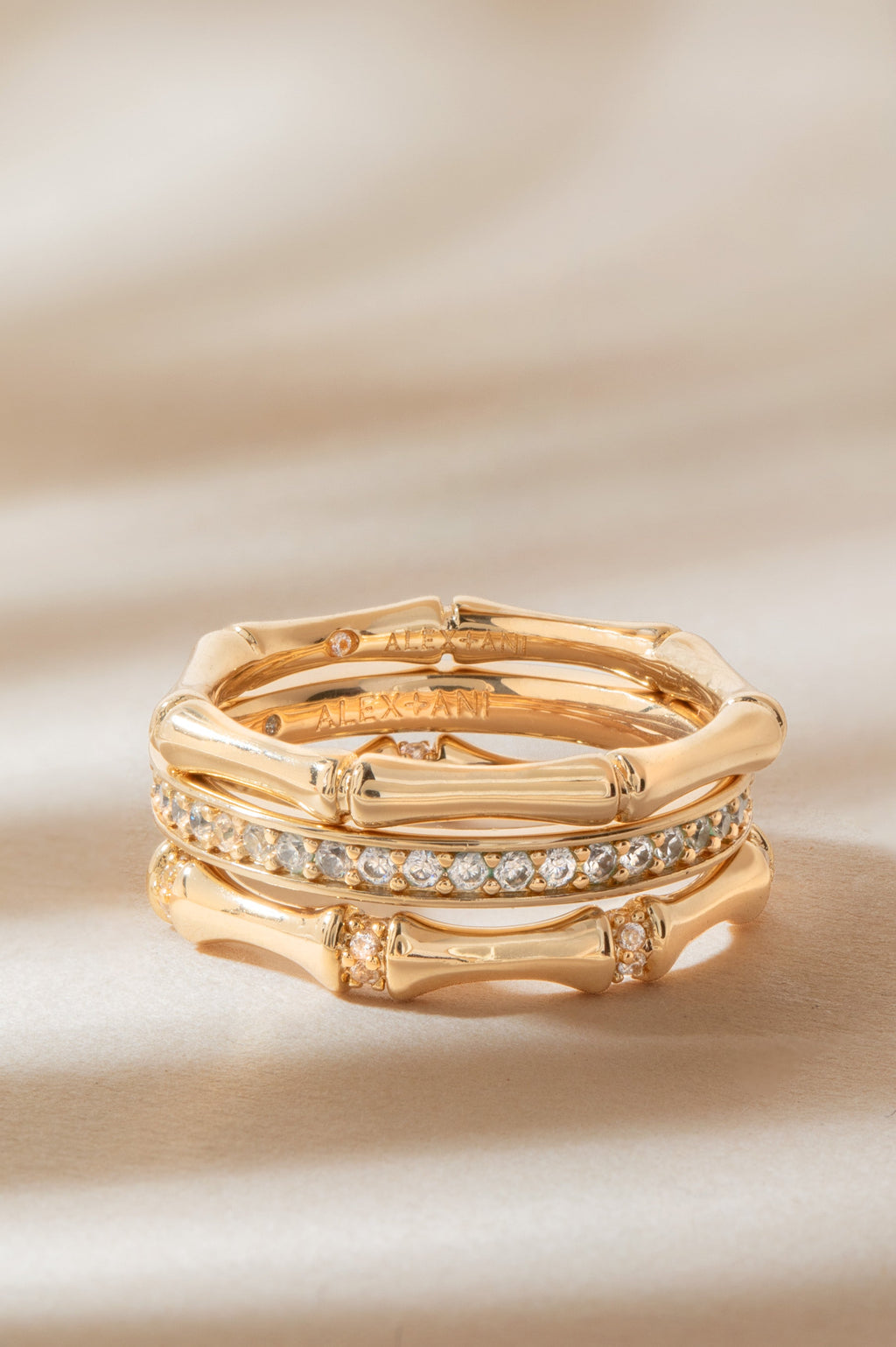 Bamboo Trio Ring Set - Stackable Gold Tone Crystal Stacking Rings
