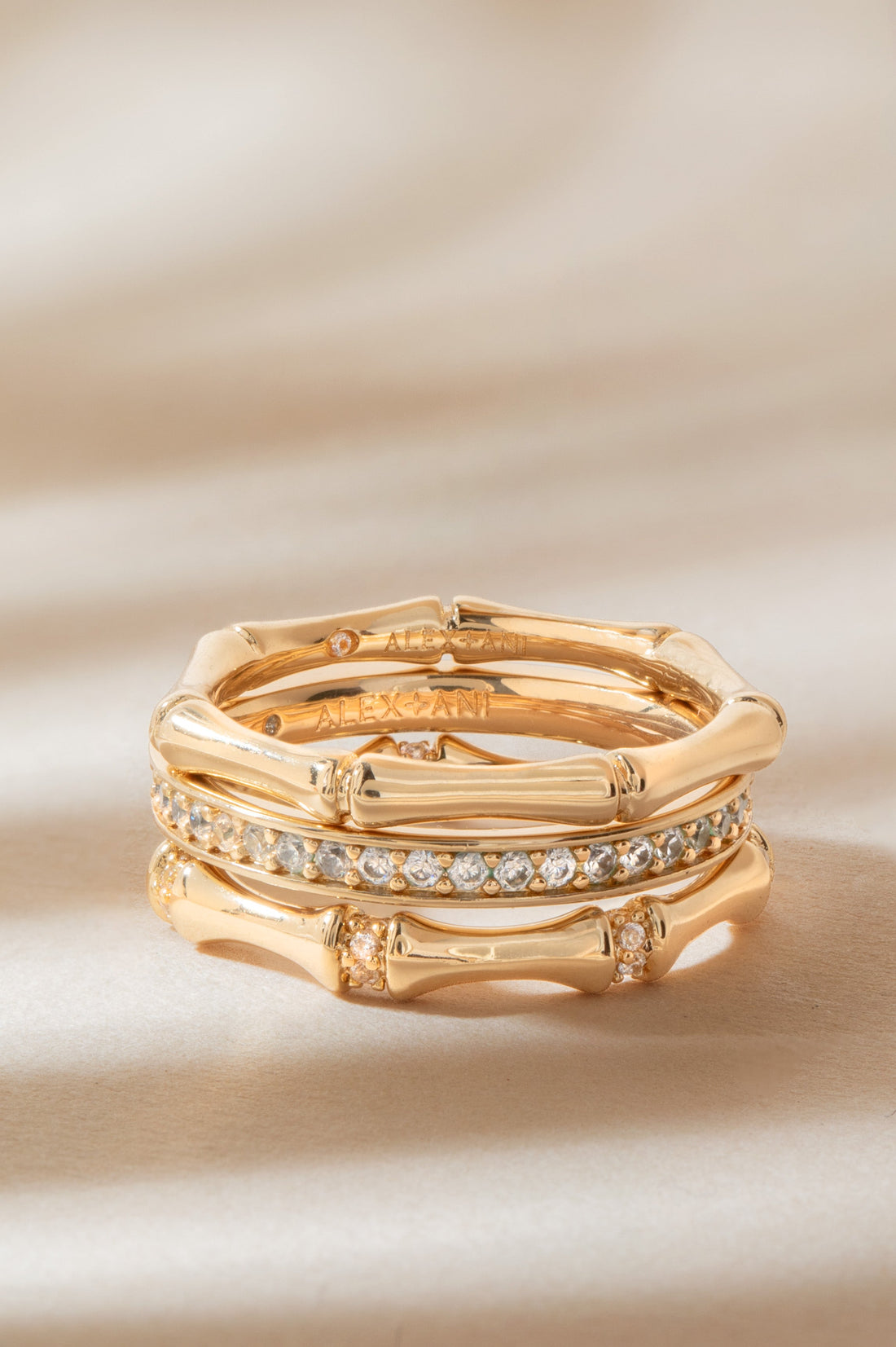 Bamboo Trio Ring Set - Stackable Gold Tone Crystal Stacking Rings