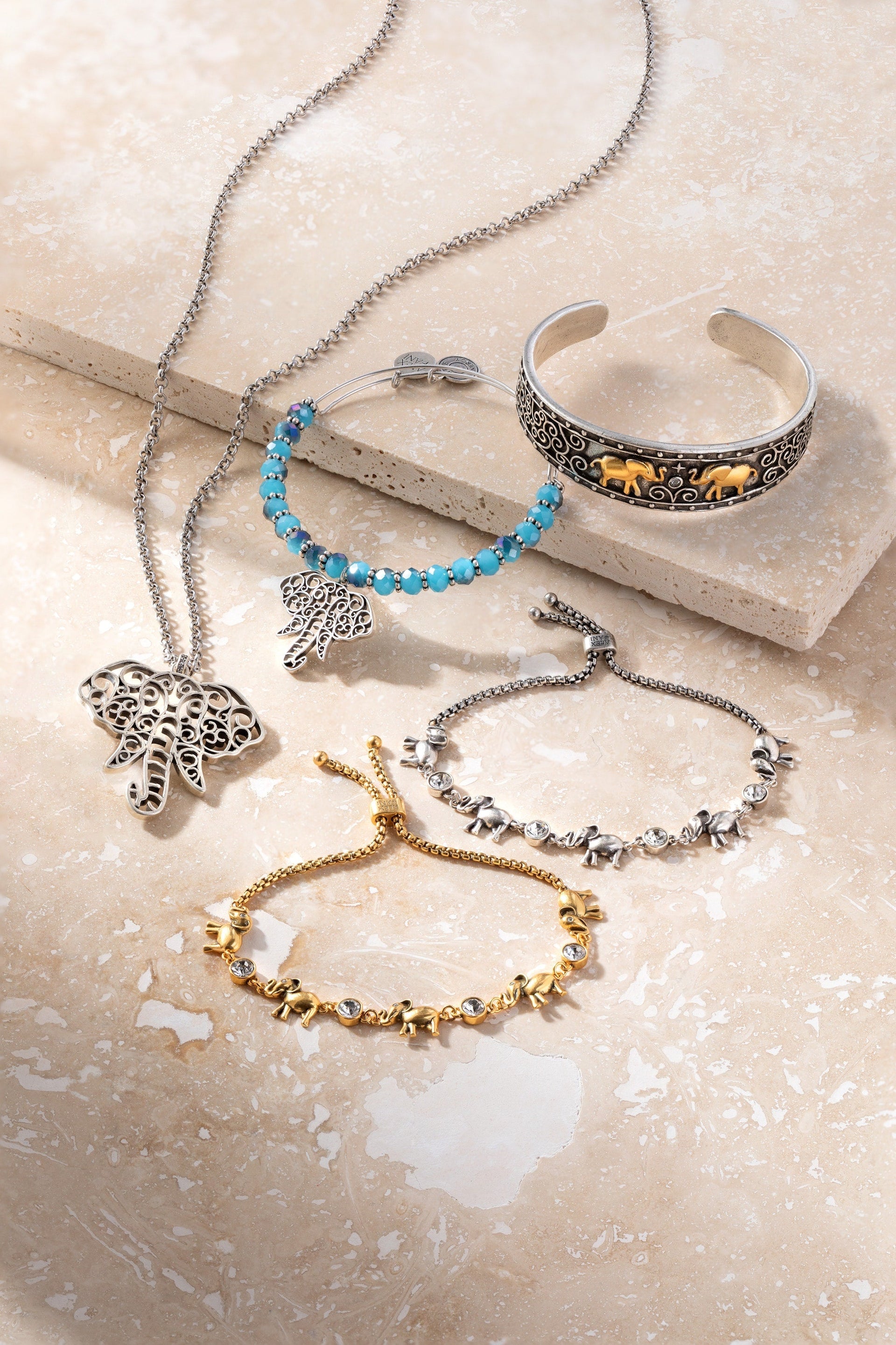 Elephant Crystal Bolo Bracelet in Gold and Silver Tone