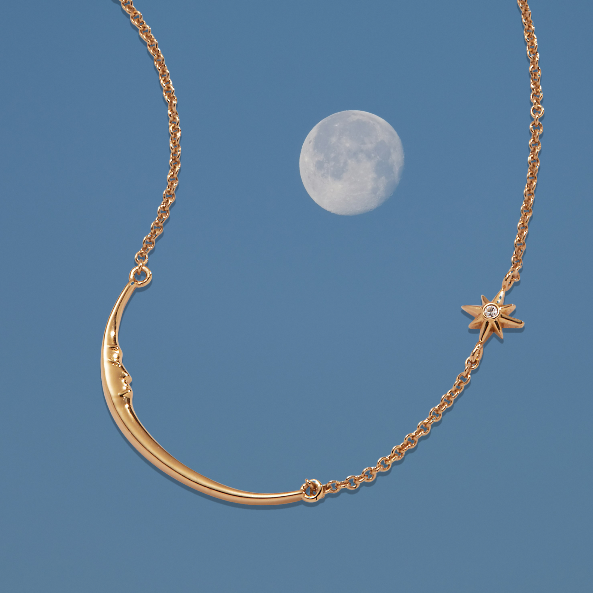 Celestial Crescent Moon Crystal Star Pendant Necklace