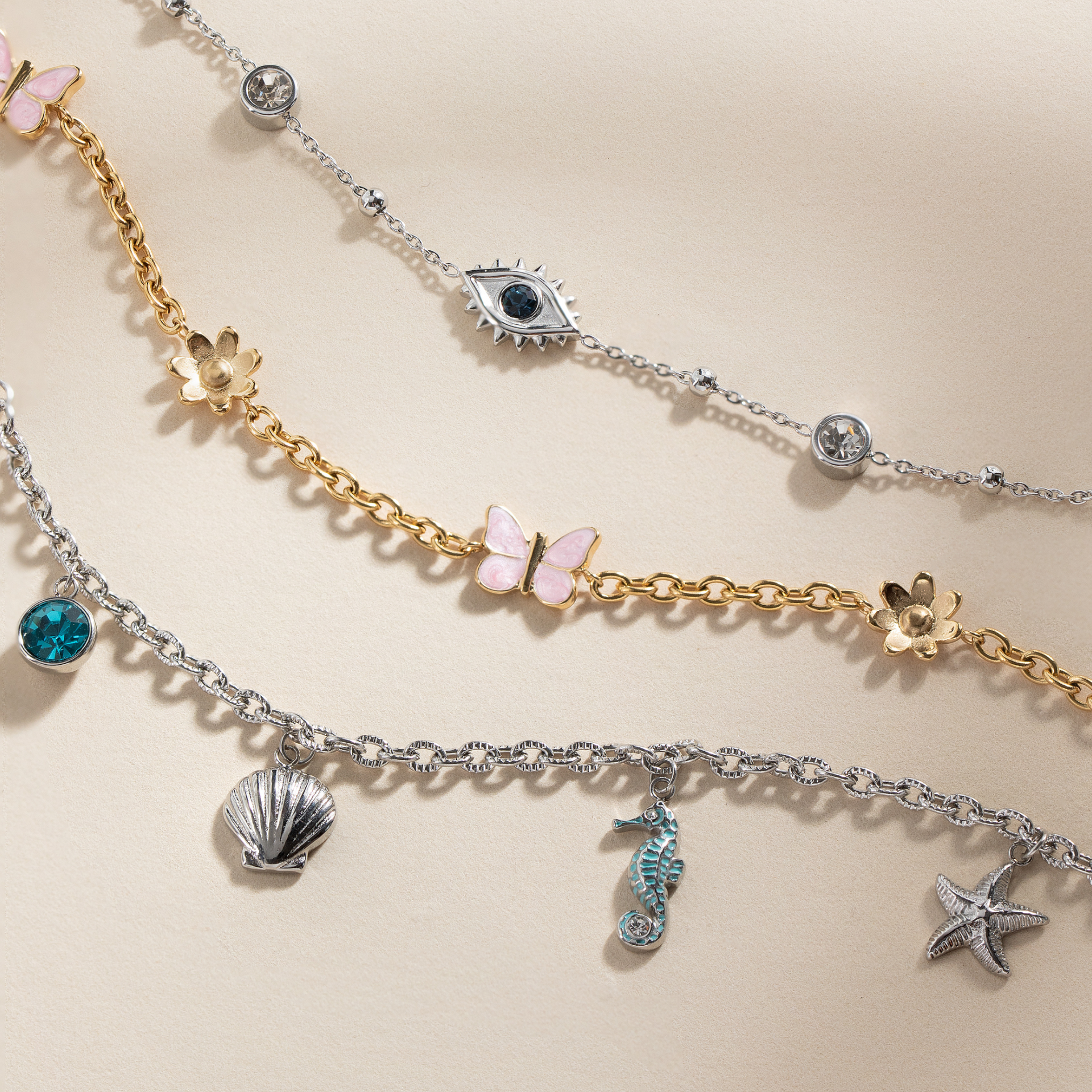 Evil Eye Crystal Anklet with Blue Stone Charms and Adjustable Chain